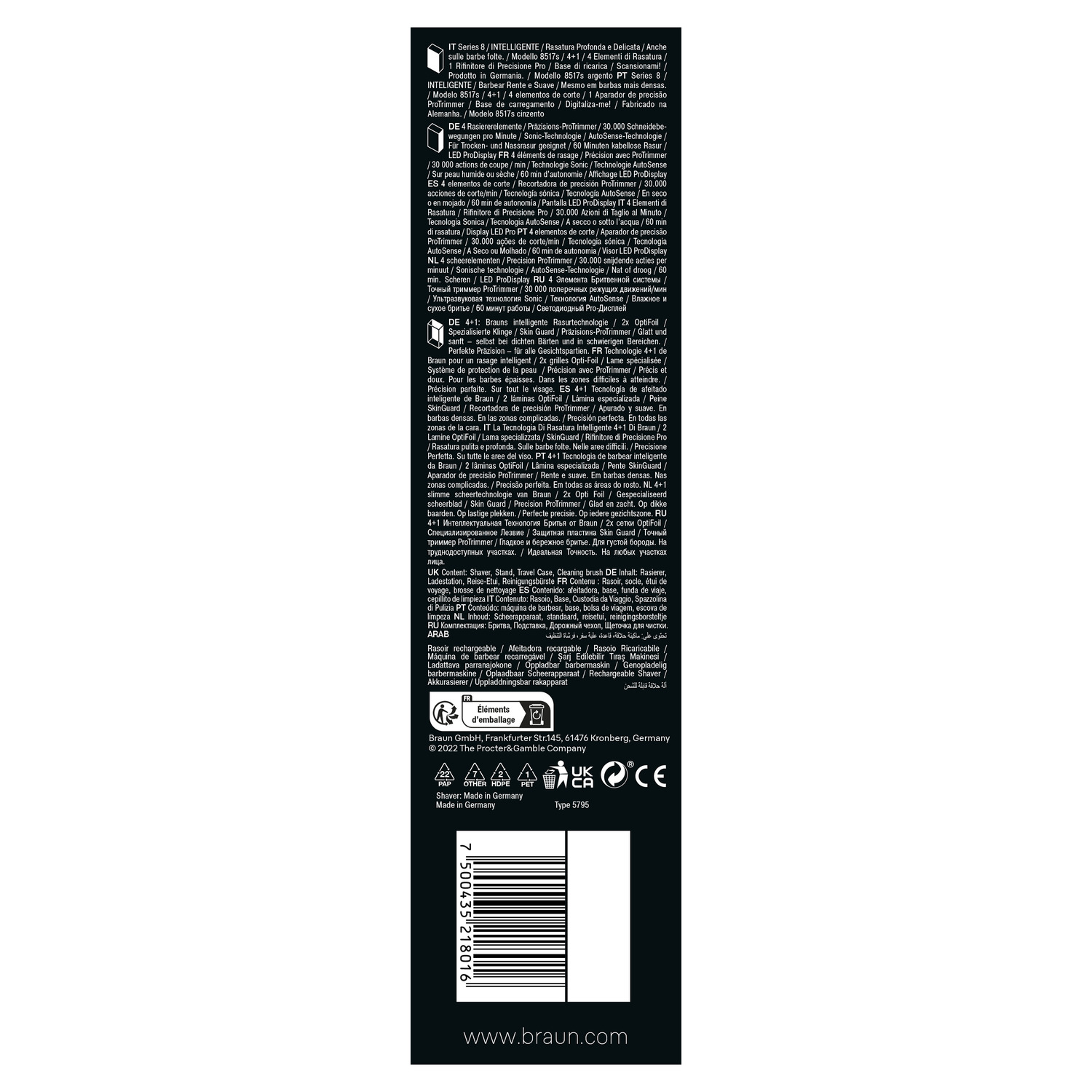 Zwart-wit productlabel met tekst en barcode.