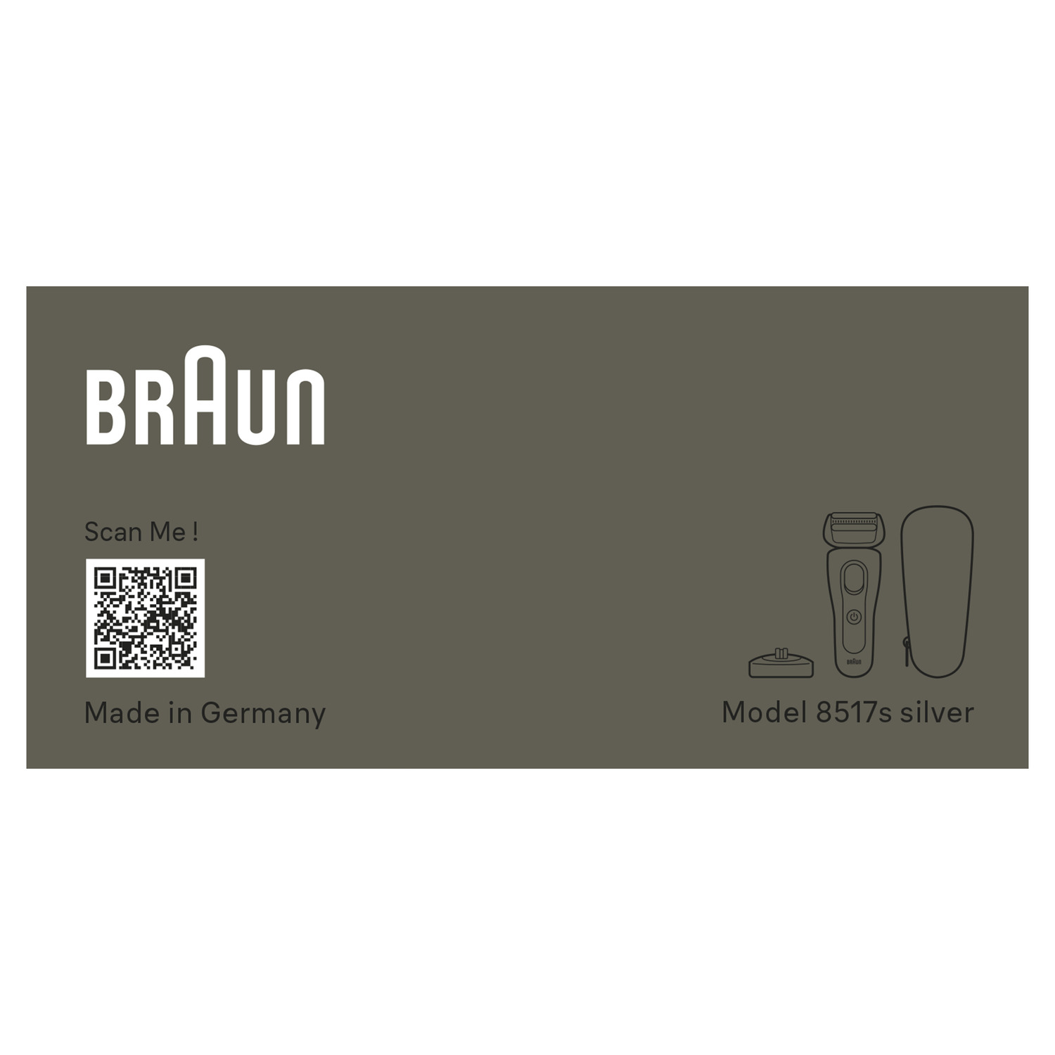 Braun 8517s zilveren elektrische scheerapparaat, details en QR-code.