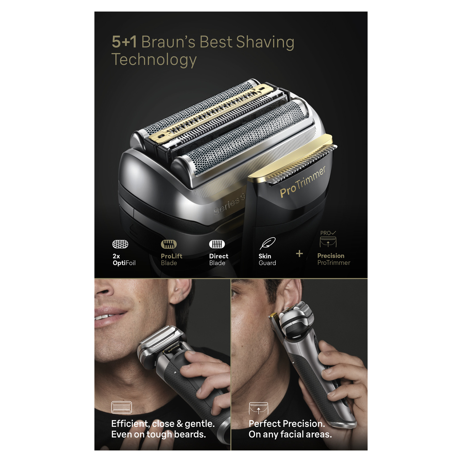 Gros plan d'un rasoir; rasage avec le rasoir, montrant la tête et le pro trimmer.