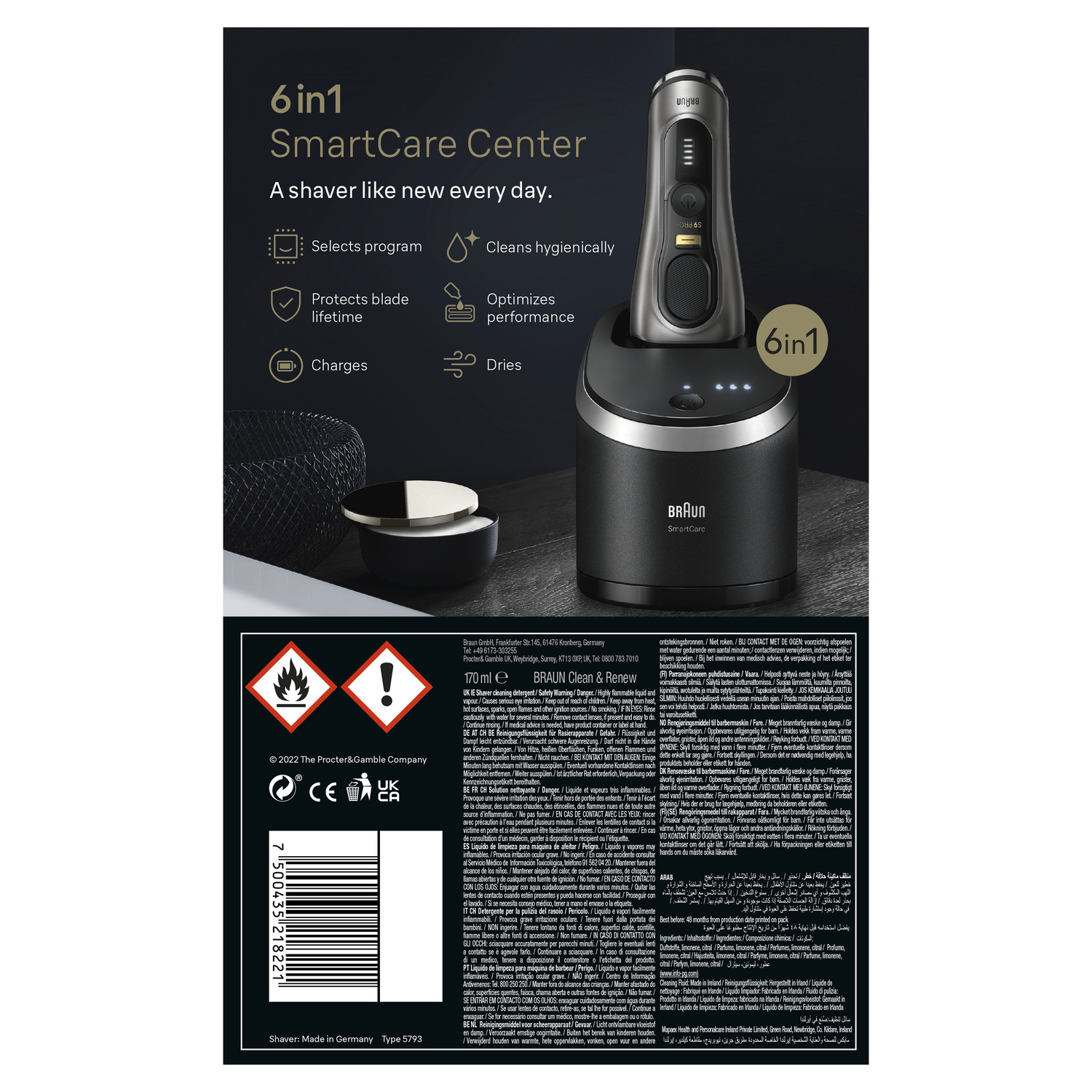 Centre Braun SmartCare avec rasoir, socle de charge et informations sur le produit.
