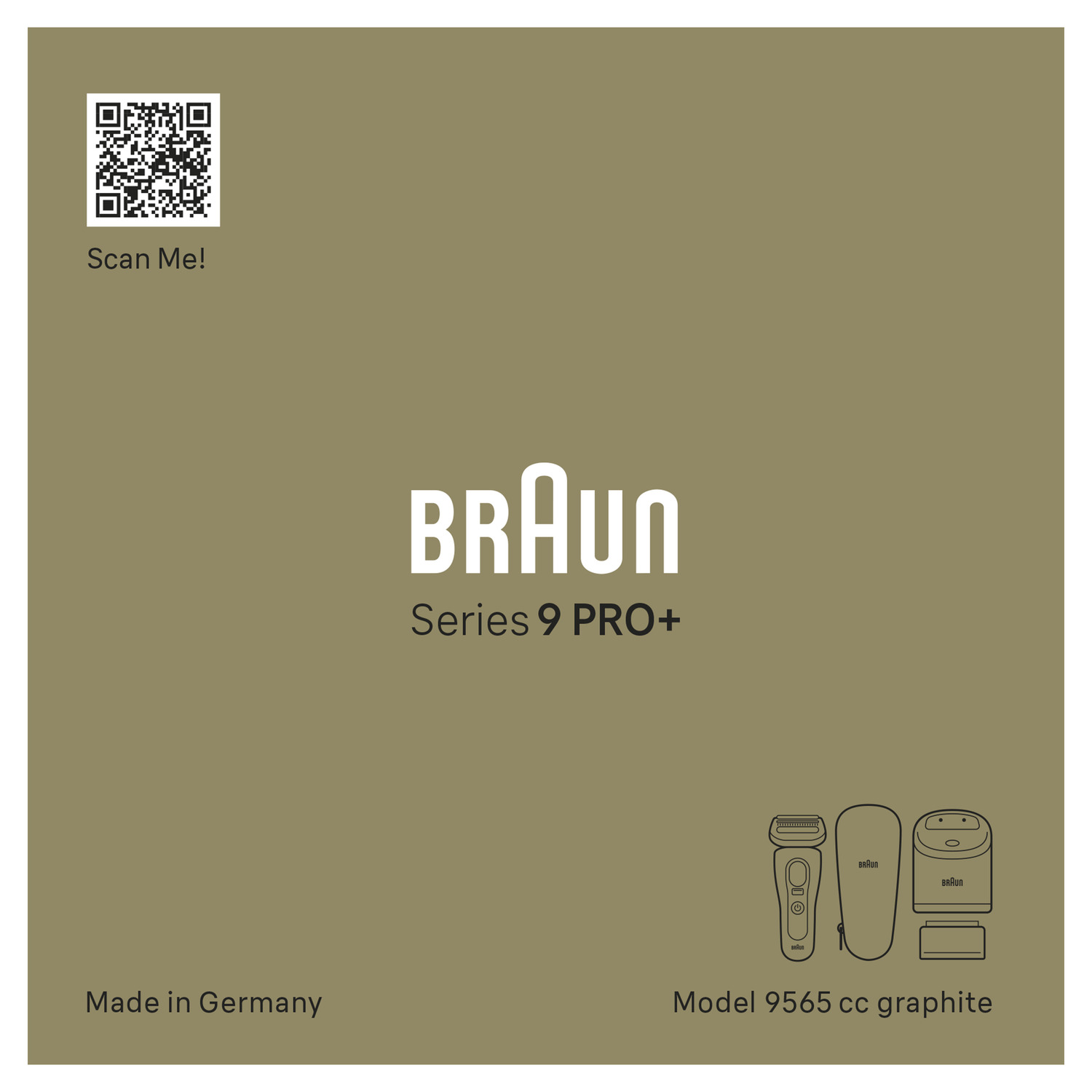 Boîte Braun Série 9 Pro+. Boîte gris foncé avec une illustration de rasoir et de tondeuse et un code QR.