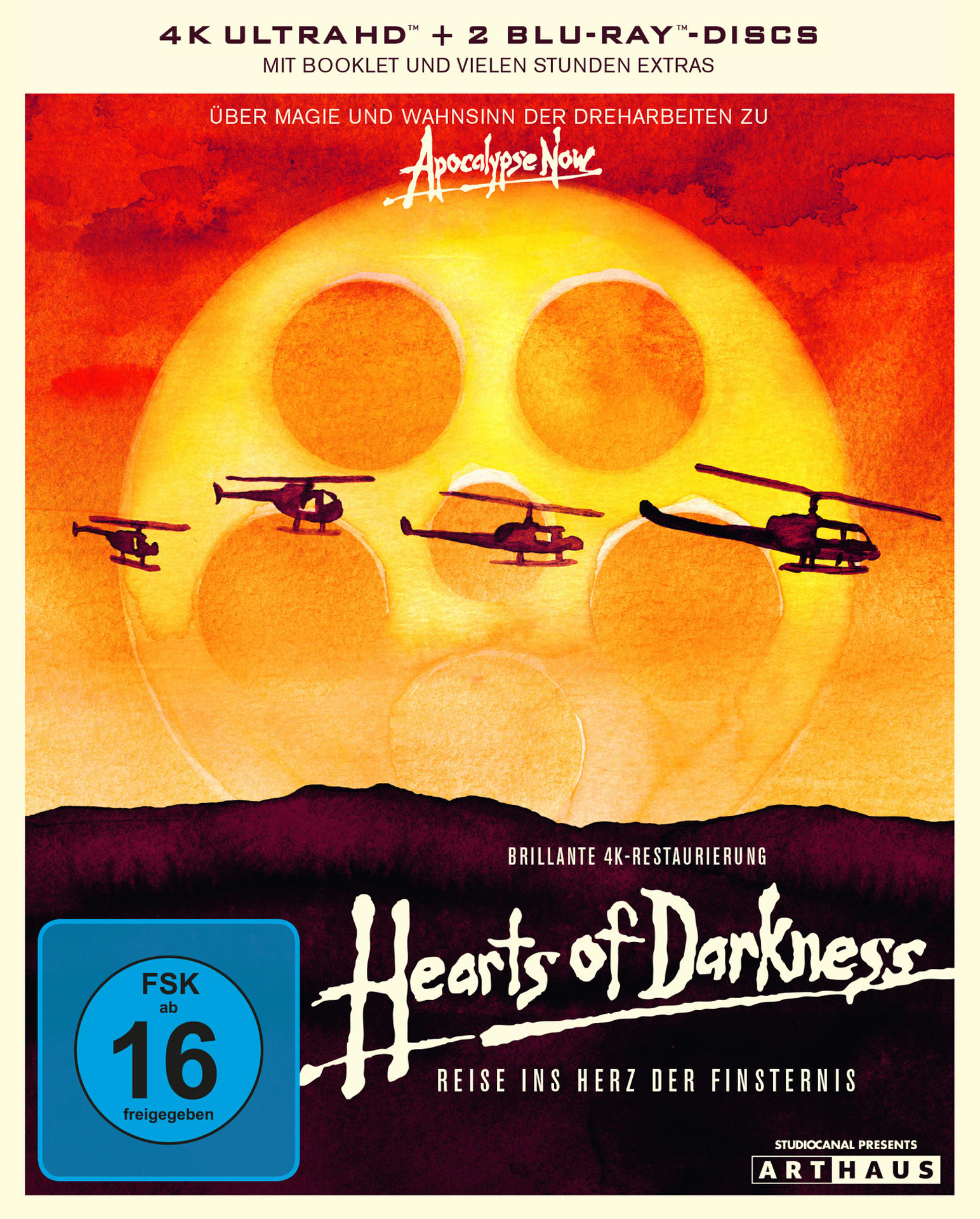 Filmcover mit fliegenden Hubschraubern und einer Sonne. Text: Hearts of Darkness. FSK-Freigabe 16.