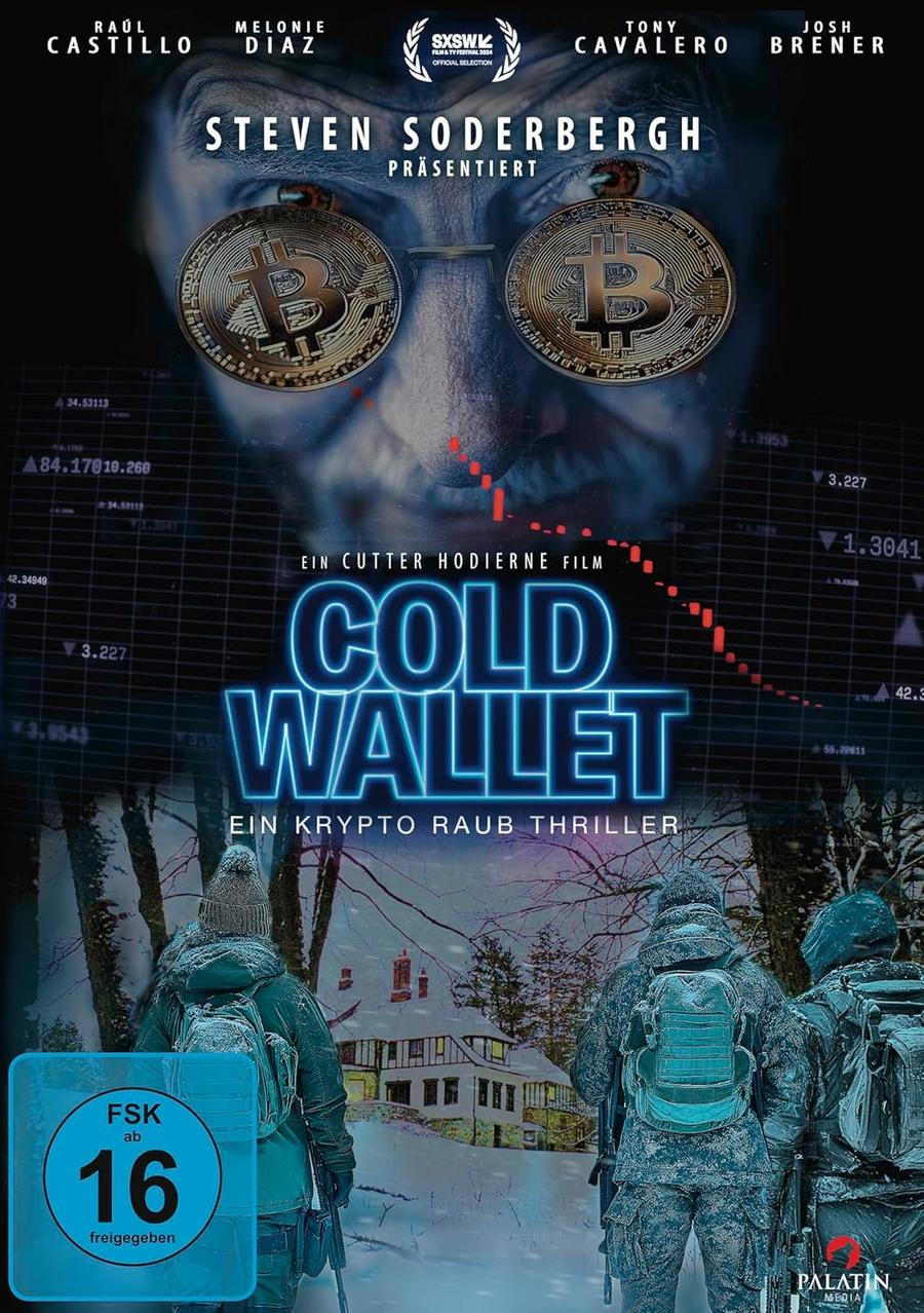 Filmcover mit Mann mit Brille und Bitcoin-Symbolen. Text: Cold Wallet. FSK-Freigabe 16.