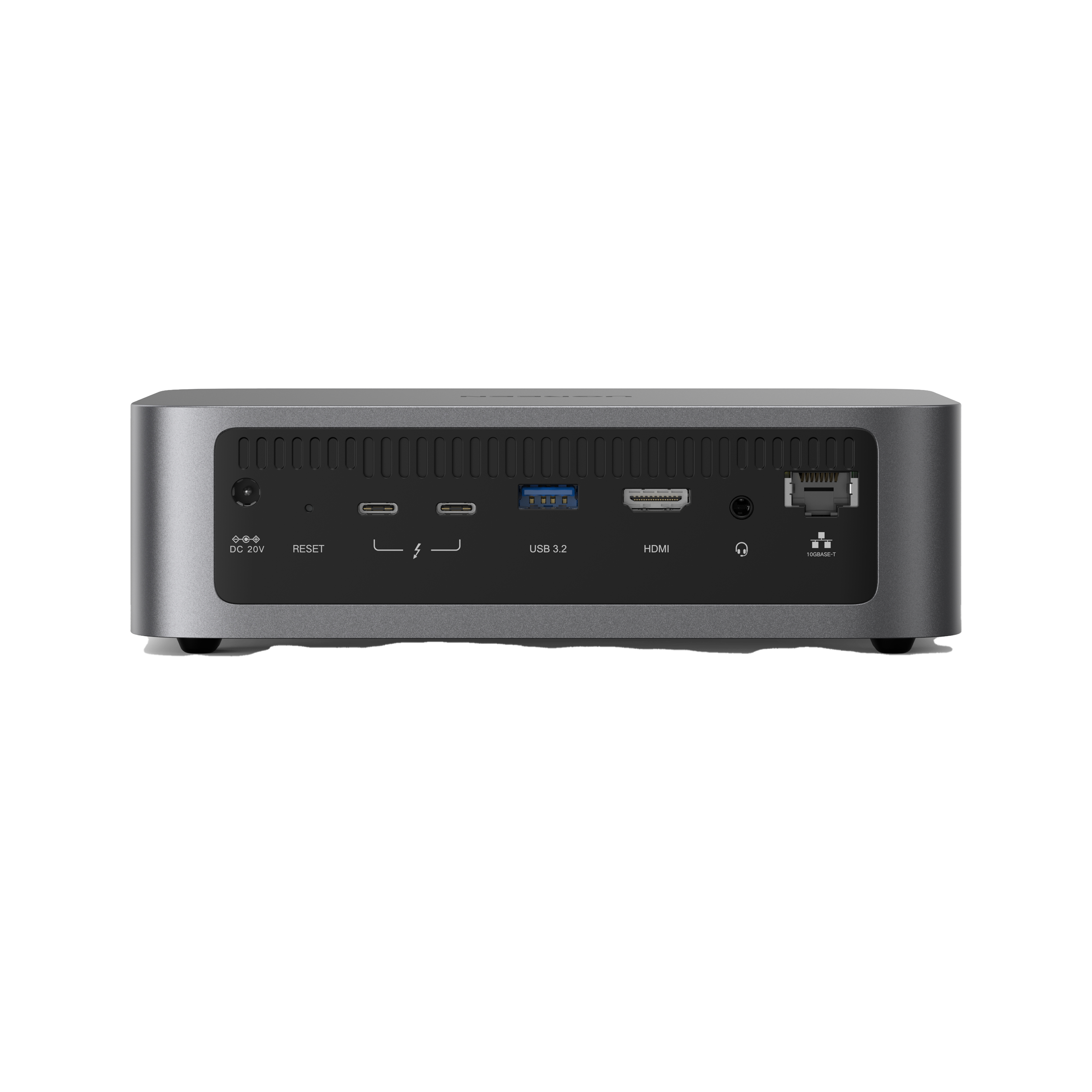 Rückseite eines grauen UGREEN NAS-Geräts. Enthält Anschlüsse für DC, USB, HDMI, Ethernet und Reset.