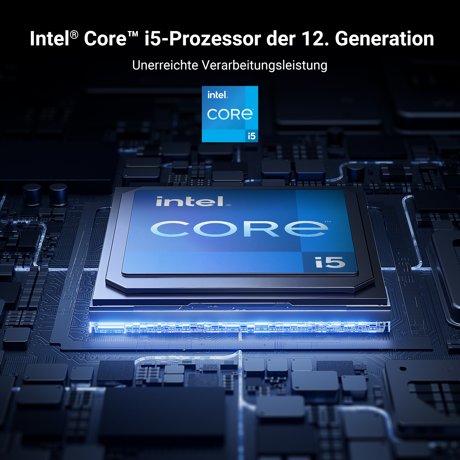 Nahaufnahme eines Intel Core i5 Prozessors auf einer Platine mit blauen Akzenten.
