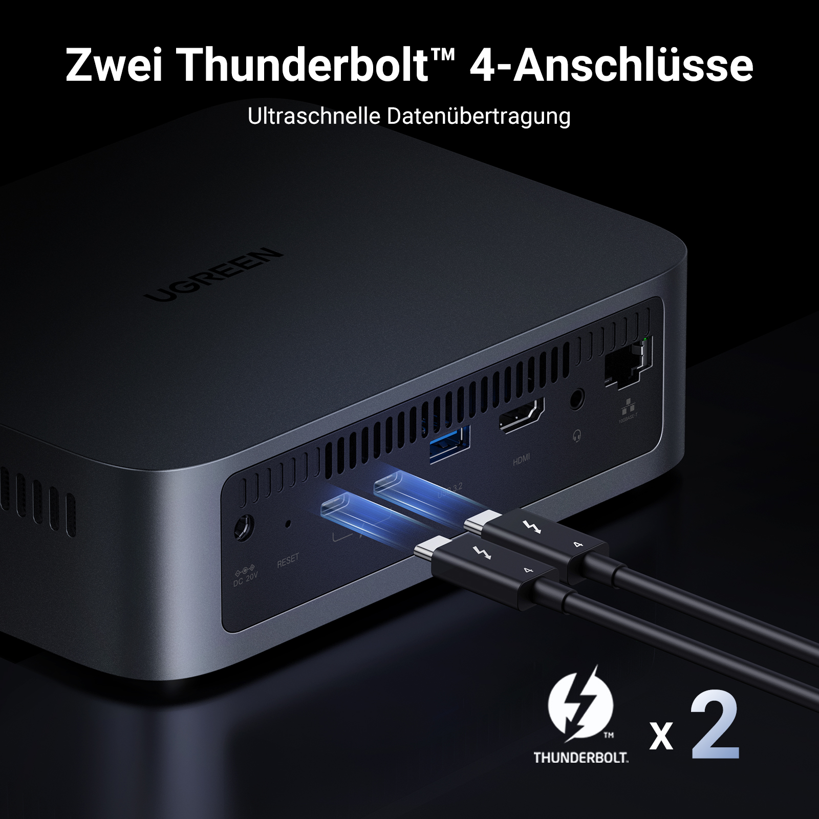 Gerät mit zwei eingesteckten Kabeln. Text: Zwei Thunderbolt 4-Anschlüsse.