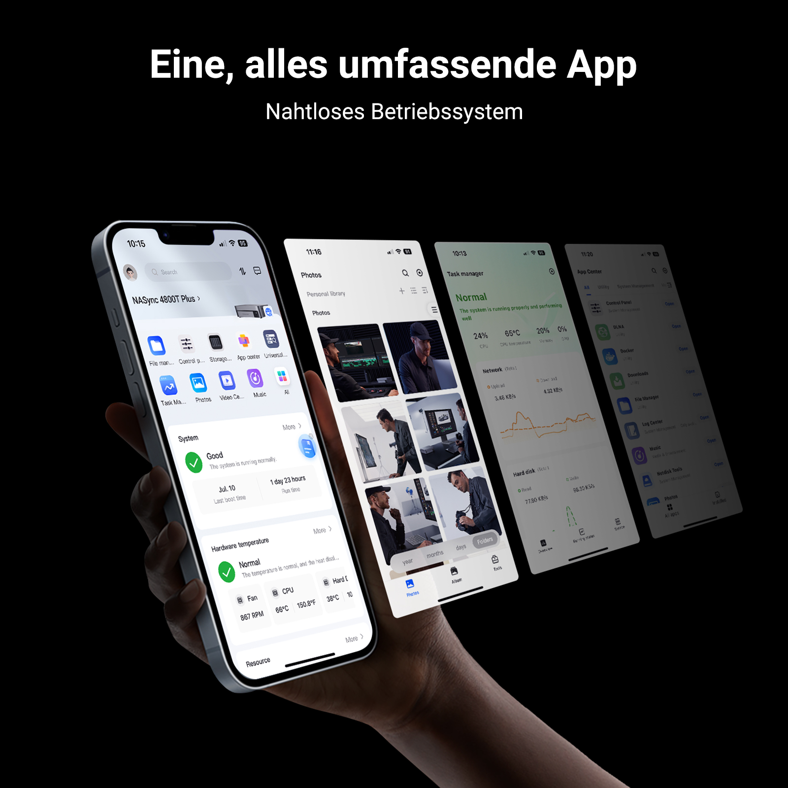 Hand, die Telefon mit App-Bildschirmen hält. Text: Eine alles umfassende App. Nahtloses Betriebssystem.