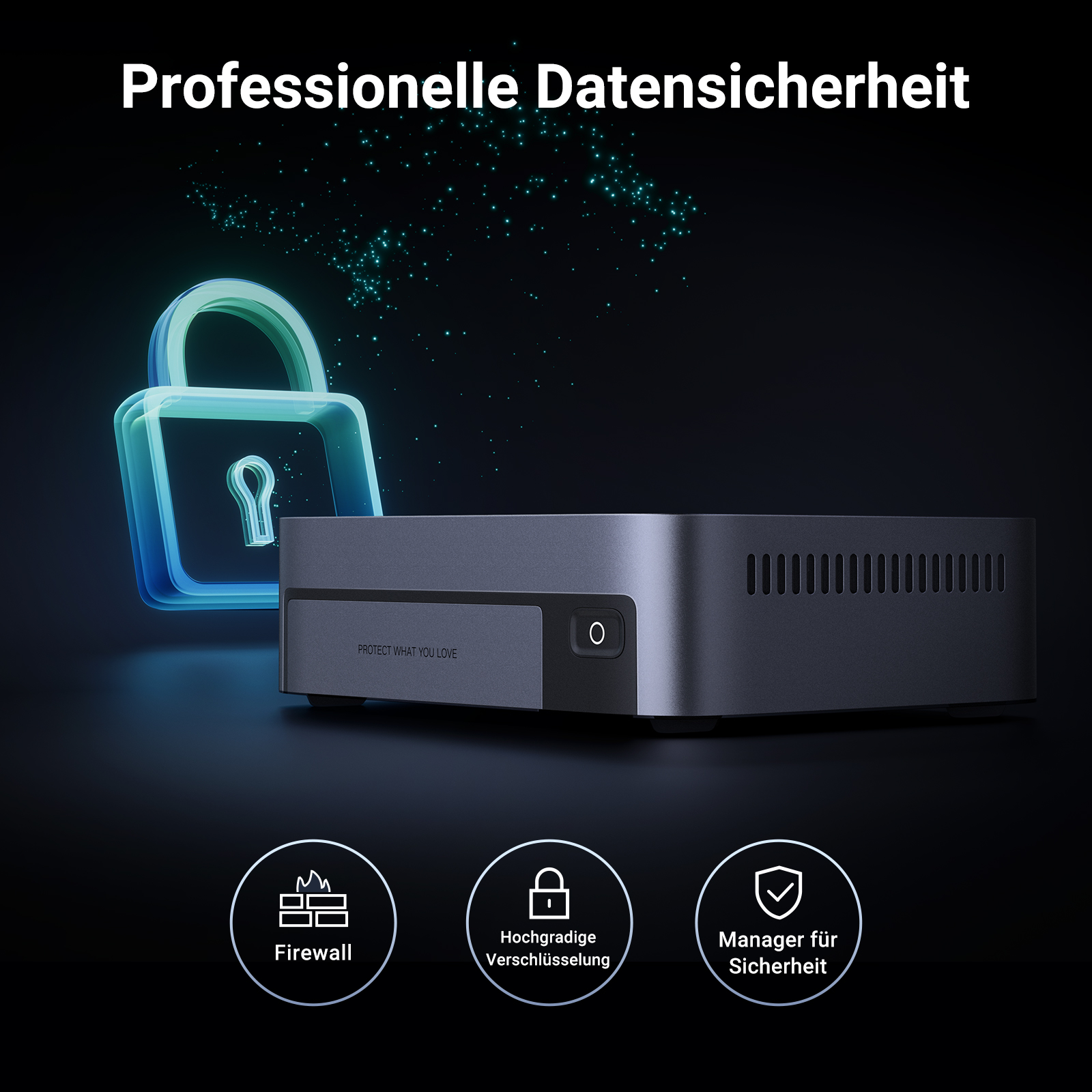 Ein schwarzes Gerät mit einem Schloss-Symbol und Text: Professionelle Datensicherheit. Firewall, Hochwertige Verschlüsselung.