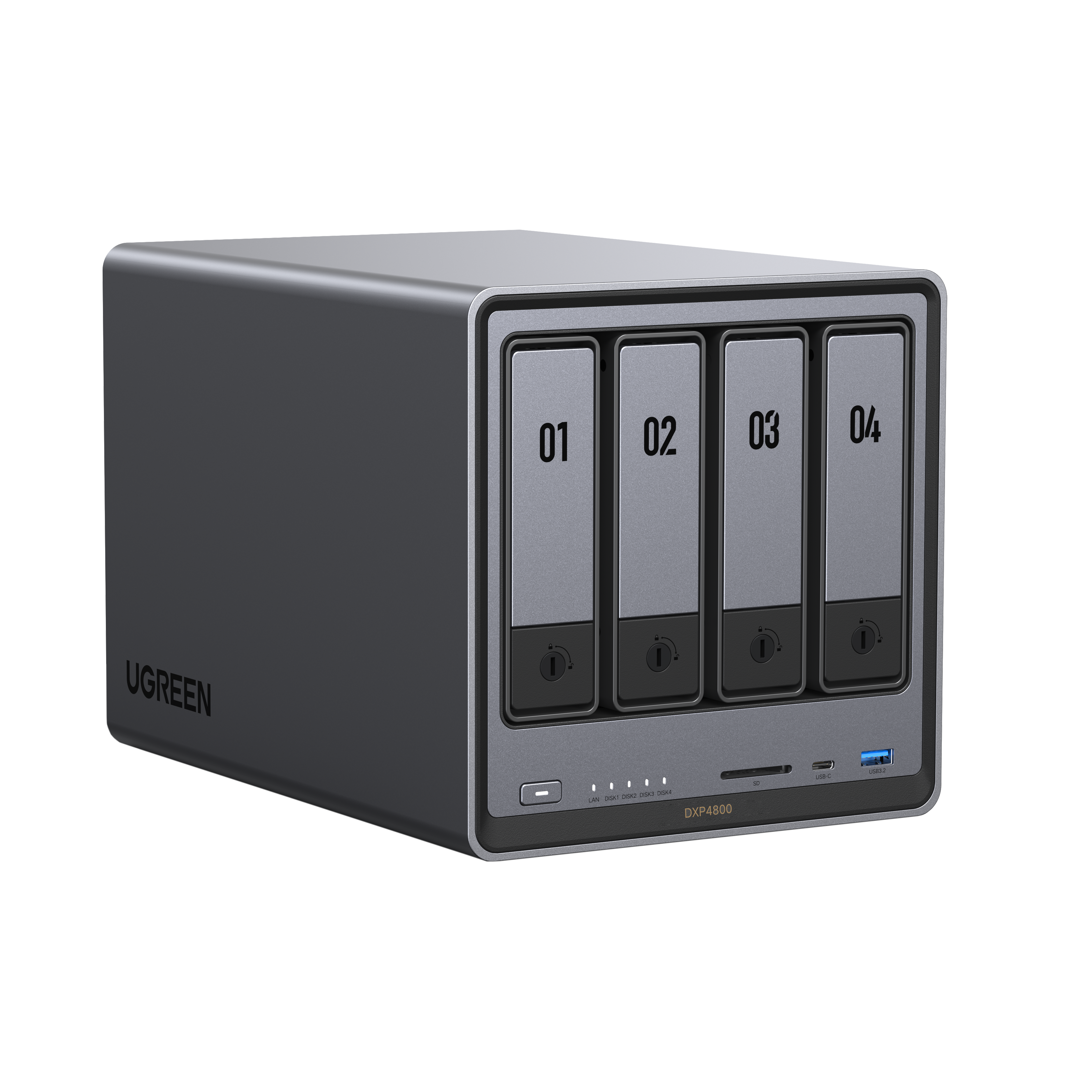 Dunkelgraues NAS-Gerät, Vorderansicht. Verfügt über vier Laufwerksschächte mit den Bezeichnungen 01-04, UGREEN-Logo und USB-Anschluss.