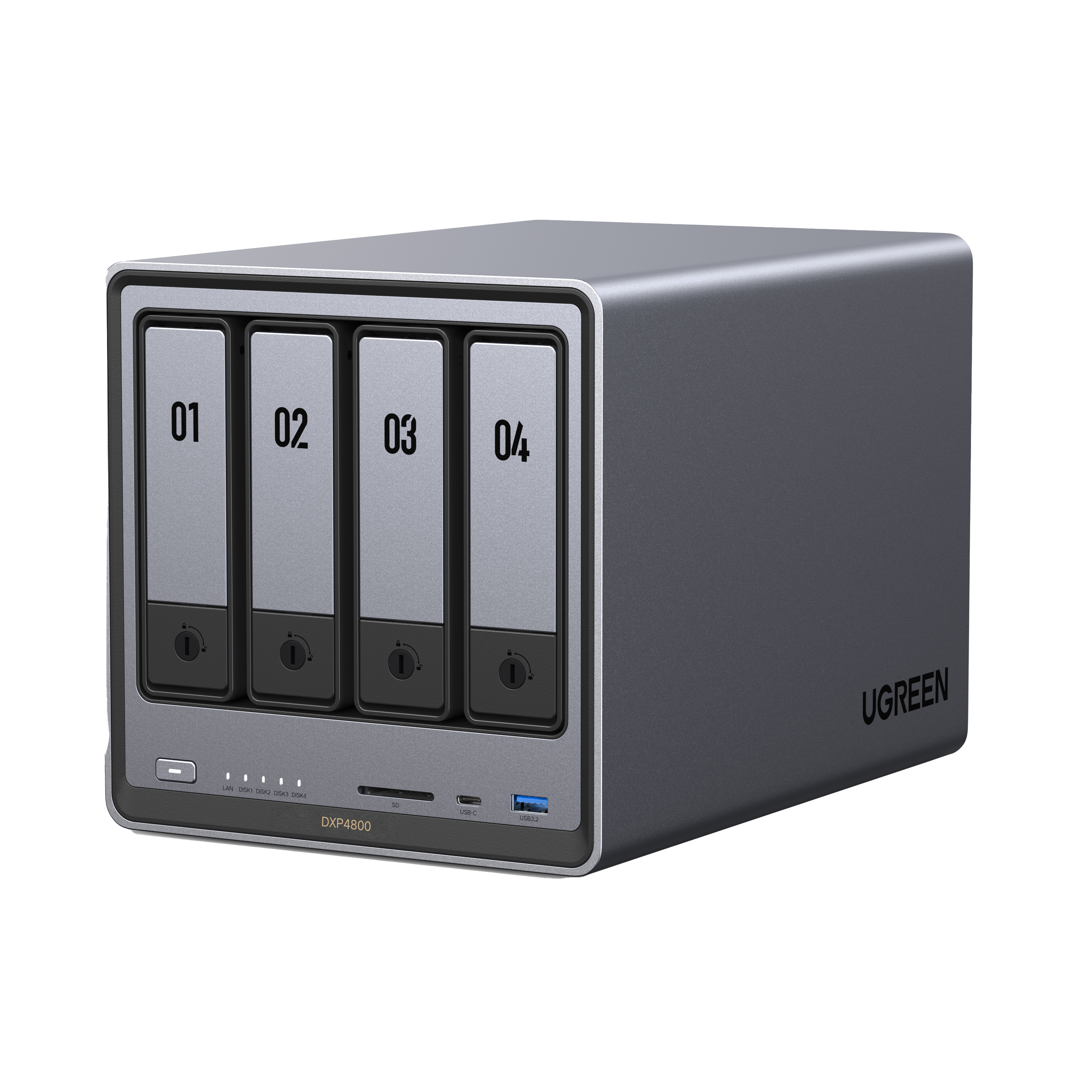 UGREEN DXP4800. Ein dunkelgraues NAS-Gerät mit vier Laufwerksschächten. UGREEN-Logo ist sichtbar.
