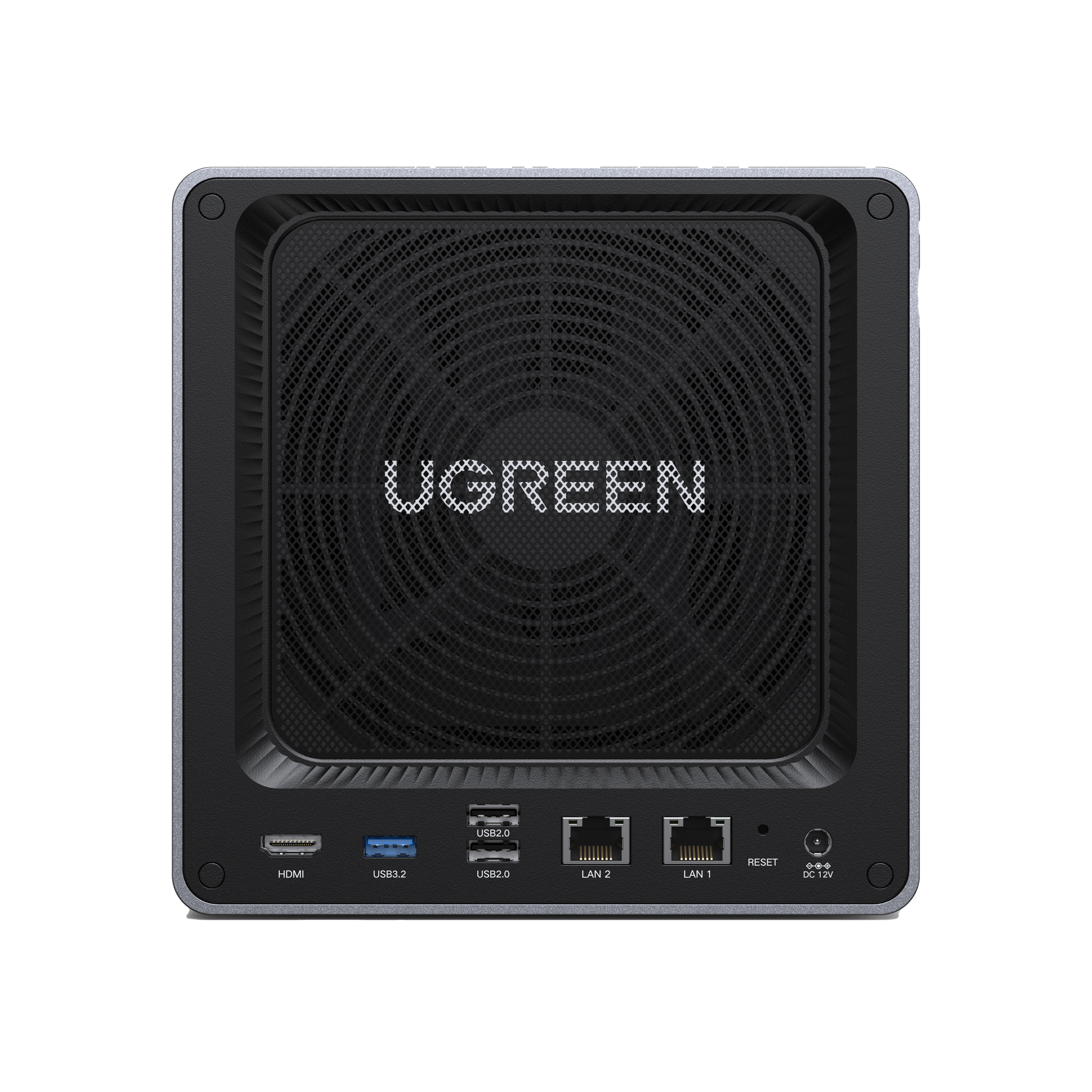 Ein schwarzes UGREEN NAS-Gerät mit mehreren Anschlüssen, darunter HDMI und USB.