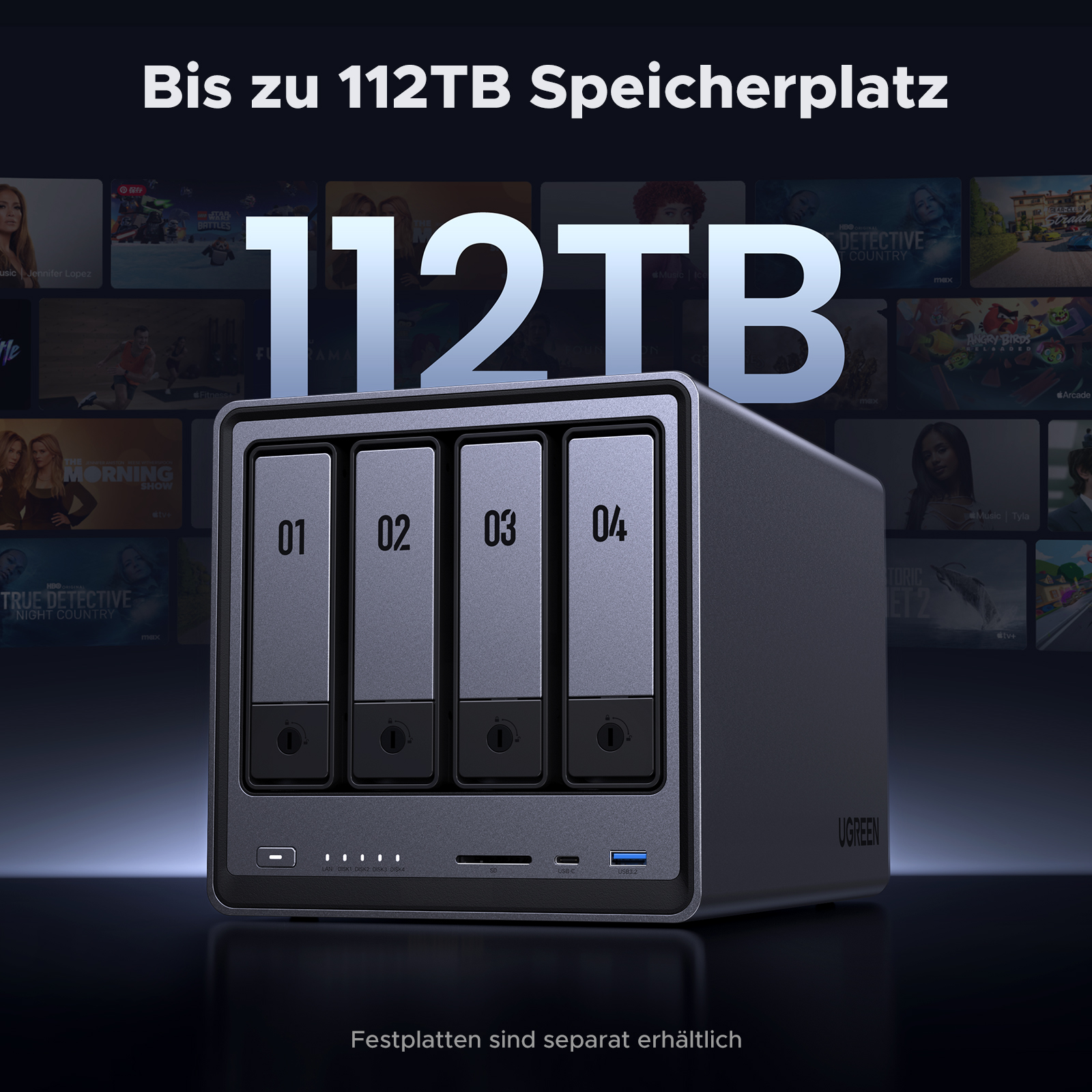 Ein UGREEN NAS-Gerät mit vier Laufwerksschächten, das 112 TB Speicherkapazität anzeigt.