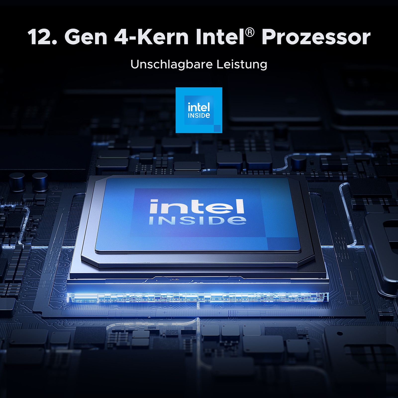 Nahaufnahme eines Prozessor-Chips mit 'intel inside'-Logo, umgeben von einem blauen Leuchten.