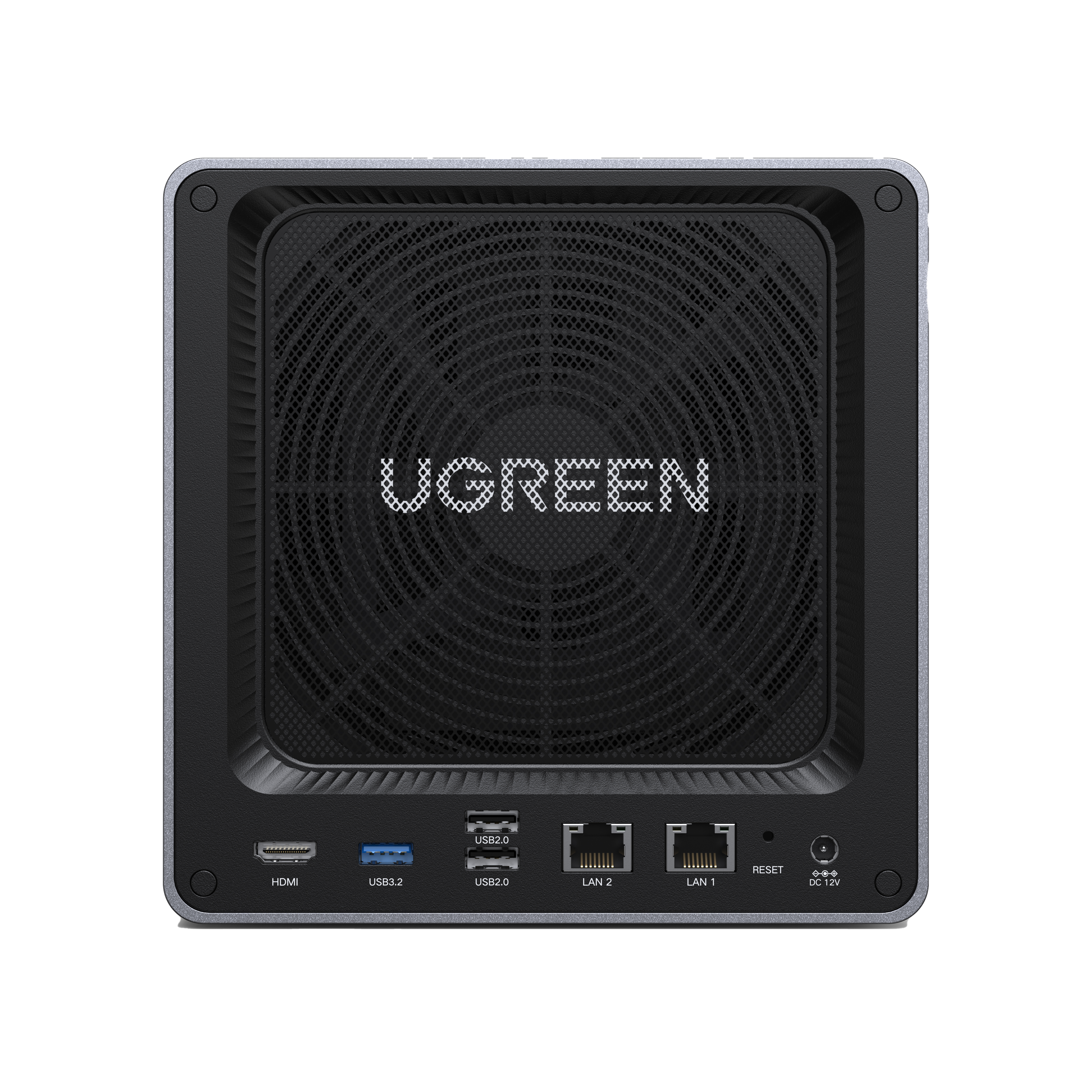 Rückansicht eines schwarzen NAS-Geräts mit Mesh-Lüfter, UGREEN-Logo und mehreren Anschlüssen.