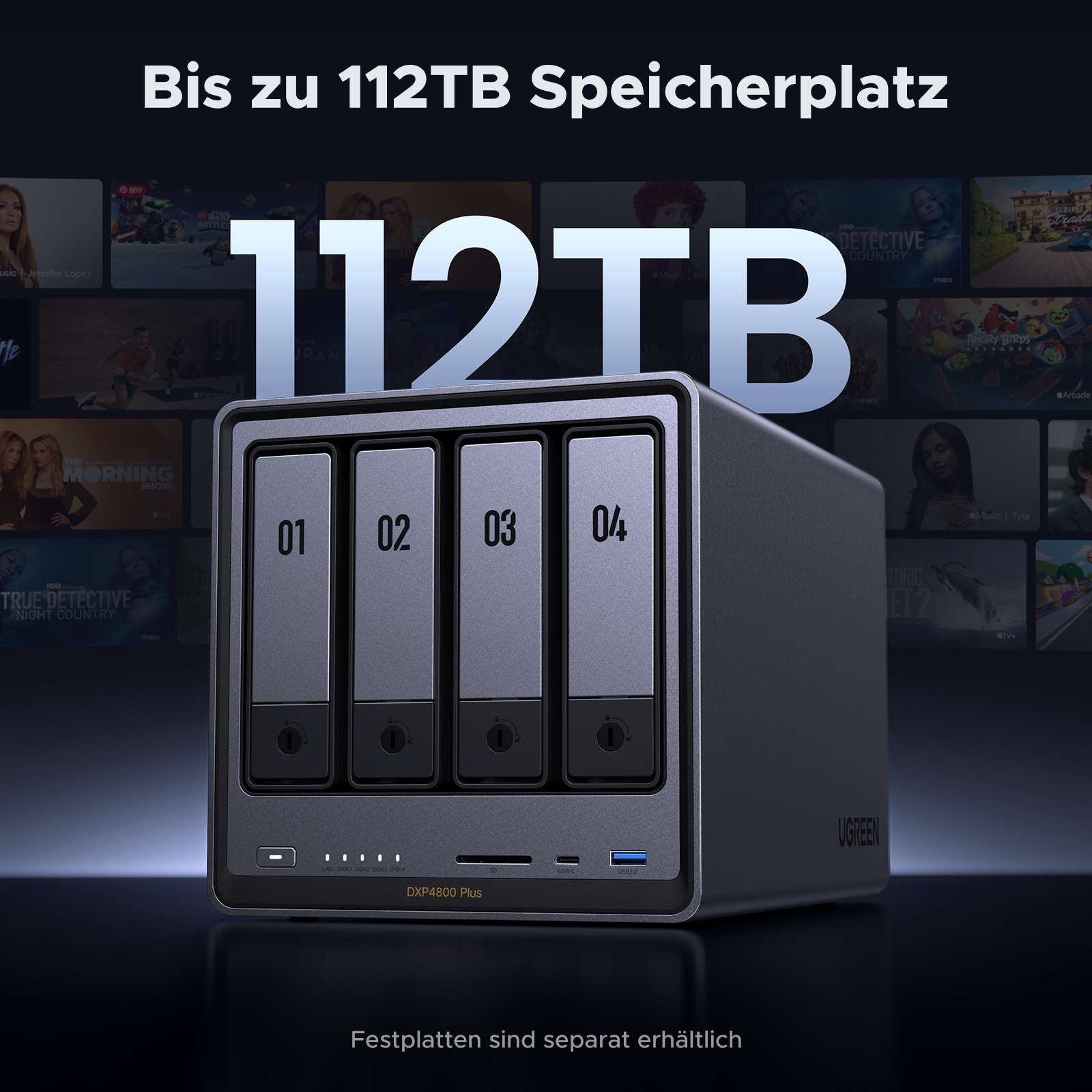 Ein NAS-Gerät mit vier Laufwerksschächten, Textüberlagerung von 112 TB Speicher und unscharfem Hintergrund.