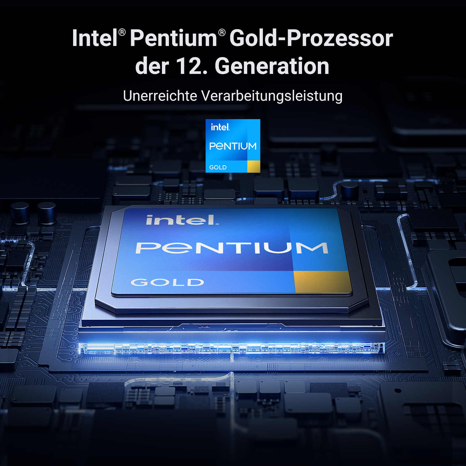 Nahaufnahme eines Intel Pentium Gold-Prozessors auf einer Leiterplatte, mit Textüberlagerungen.