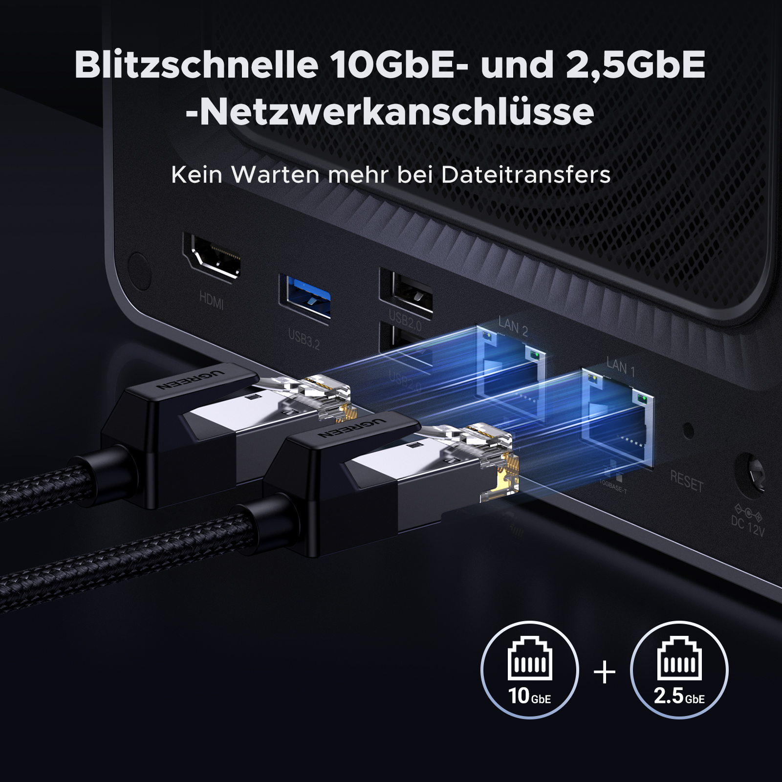 Nahaufnahme der hinteren Anschlüsse eines NAS-Geräts mit angeschlossenen Kabeln, die 10 Gbit/s und 2,5 Gbit/s veranschaulichen.