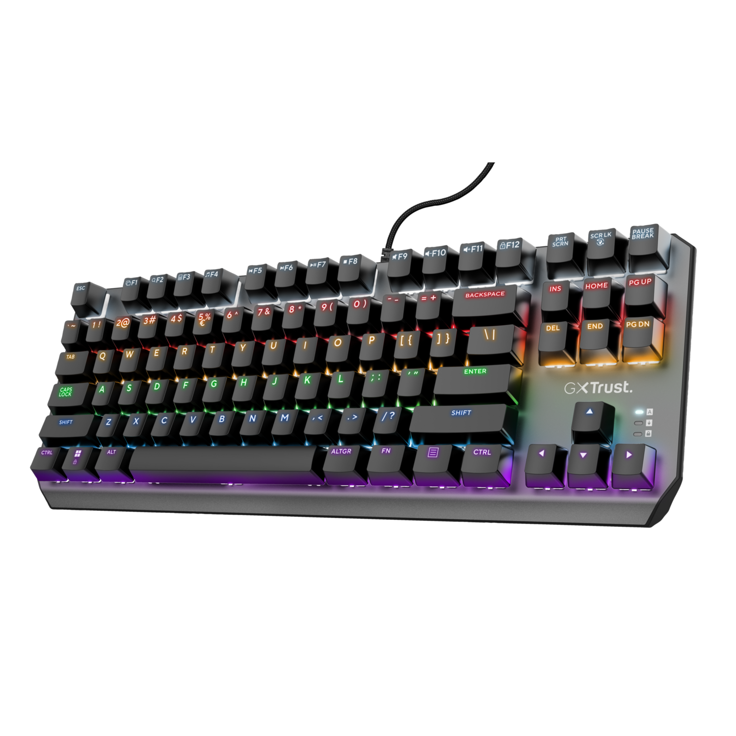 A mechanical keyboard with backlit keys in multiple colors. The keyboard is black with a silver frame.