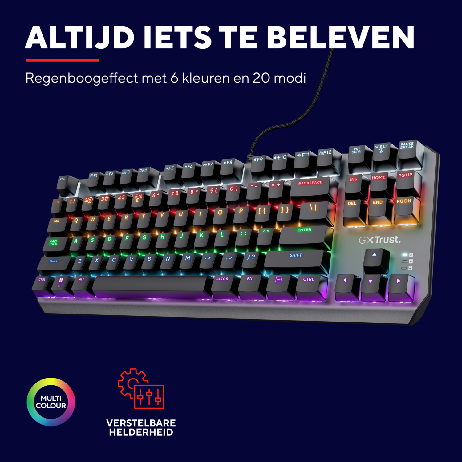 Gaming keyboard with multiple colors illuminated. Features keys, text, and a multi-color logo.