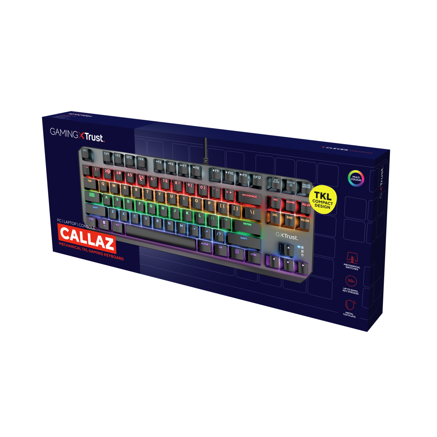 Gaming keyboard in a box. The keyboard has colorful keys. Text: 'Gaming Keyboard'. Black and blue colors.