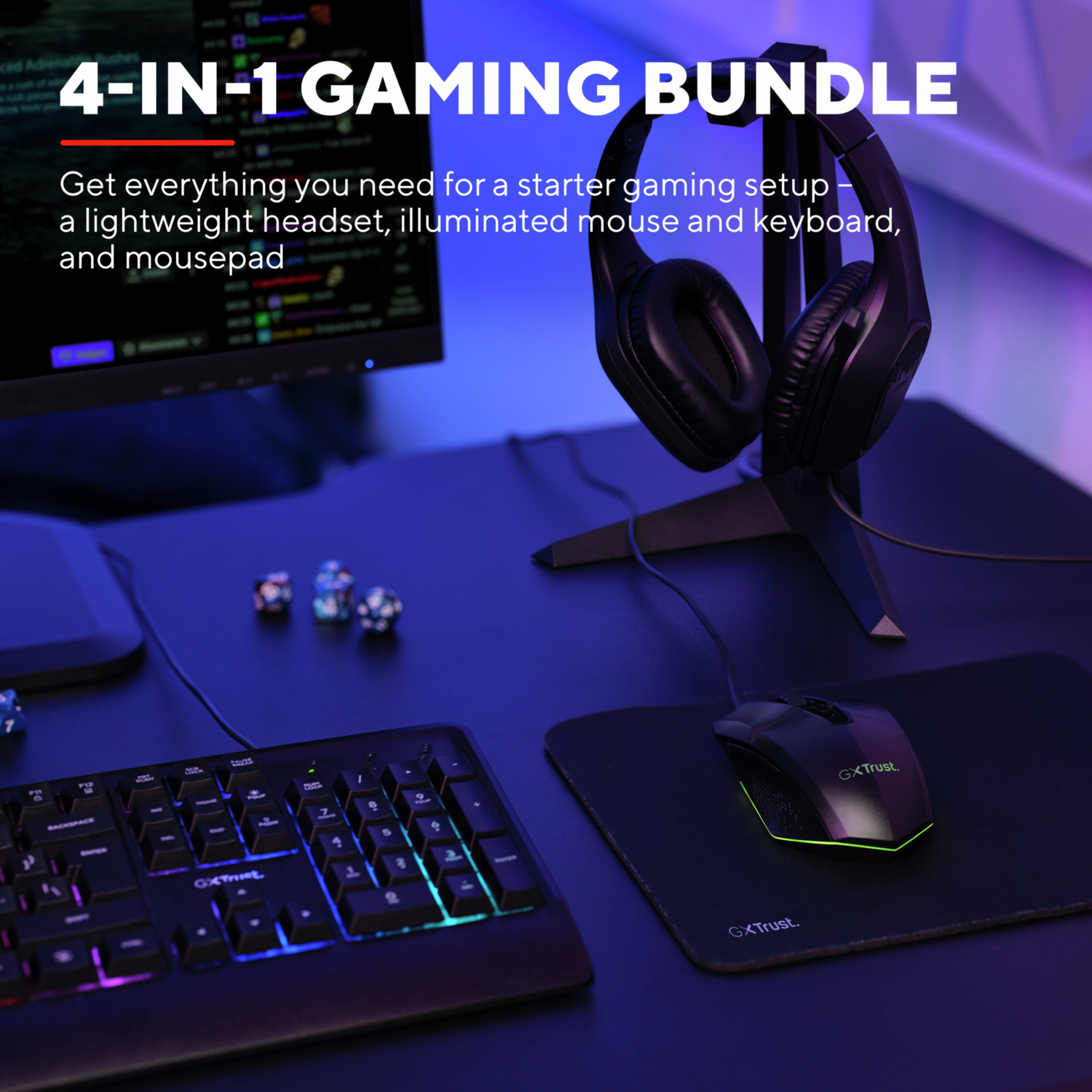 Een gamingbundel met een headset, muis, toetsenbord en muismat.