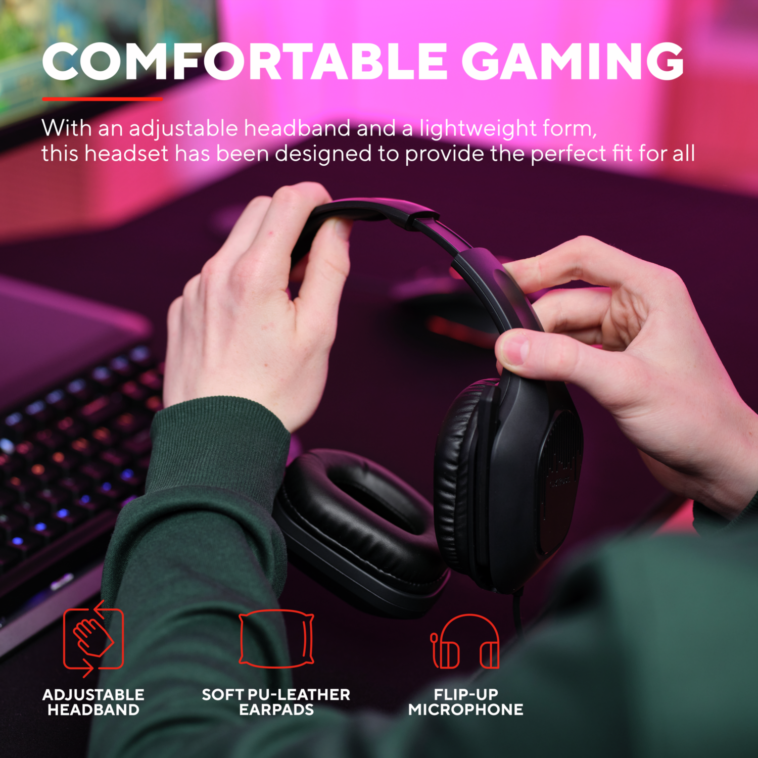 Een persoon die een zwarte koptelefoon vasthoudt. Tekst: 'COMFORTABLE GAMING'. Pictogrammen en tekst eronder.