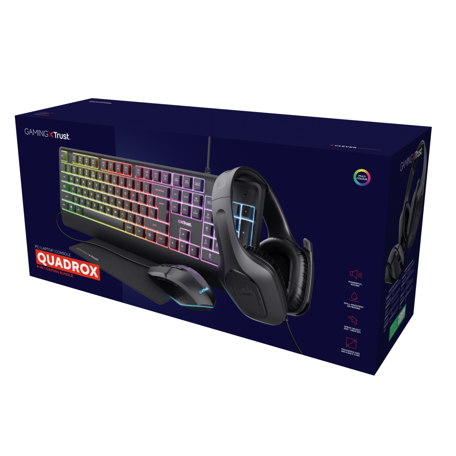 Gamingtoetsenbord, muis en headset in een doos. Kleurrijke lichten en tekst.