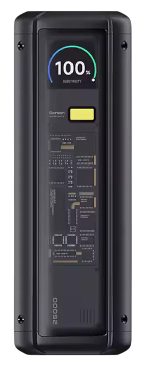 Czarne urządzenie z ekranem wyświetlającym procent zużycia energii.