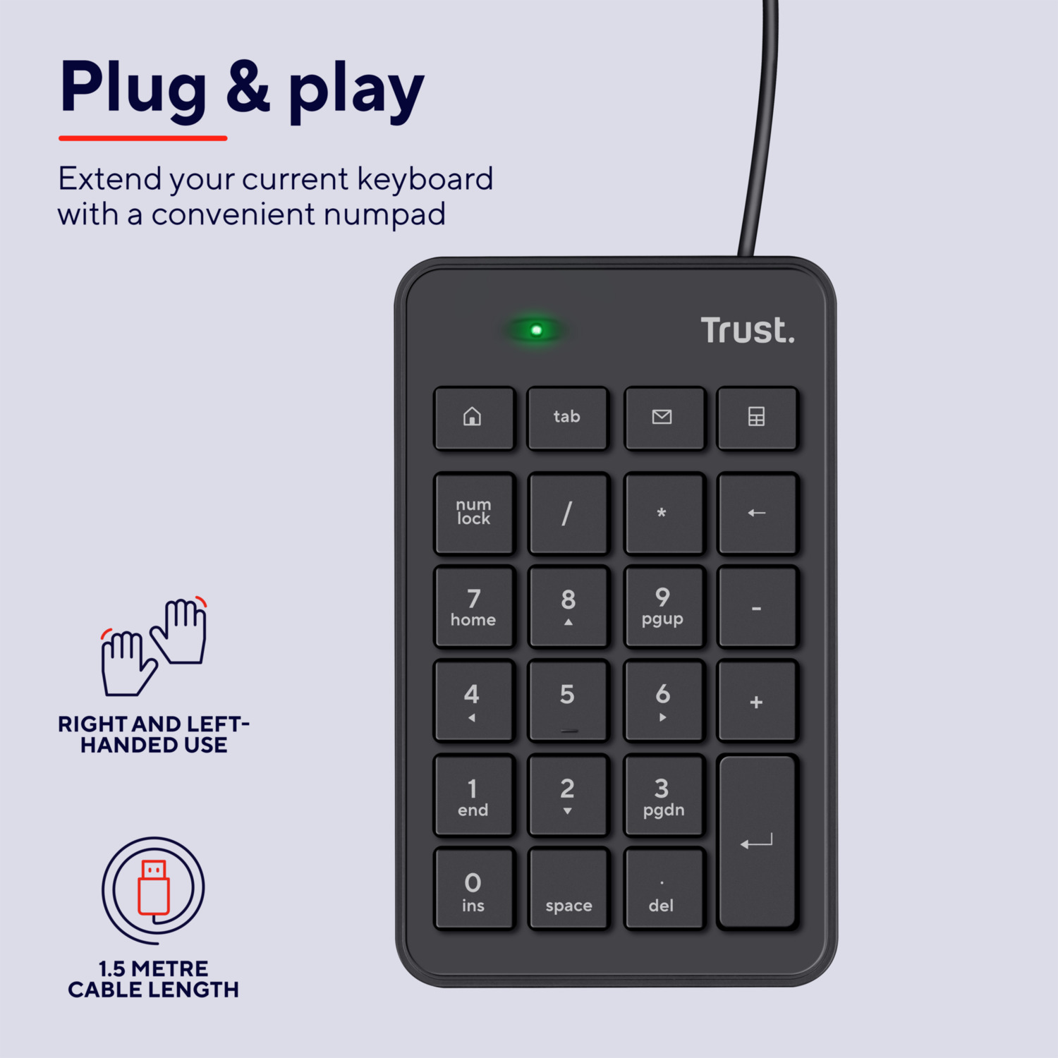 Black numpad with 1.5 metre cable. Features number keys and function keys, with a green indicator light.