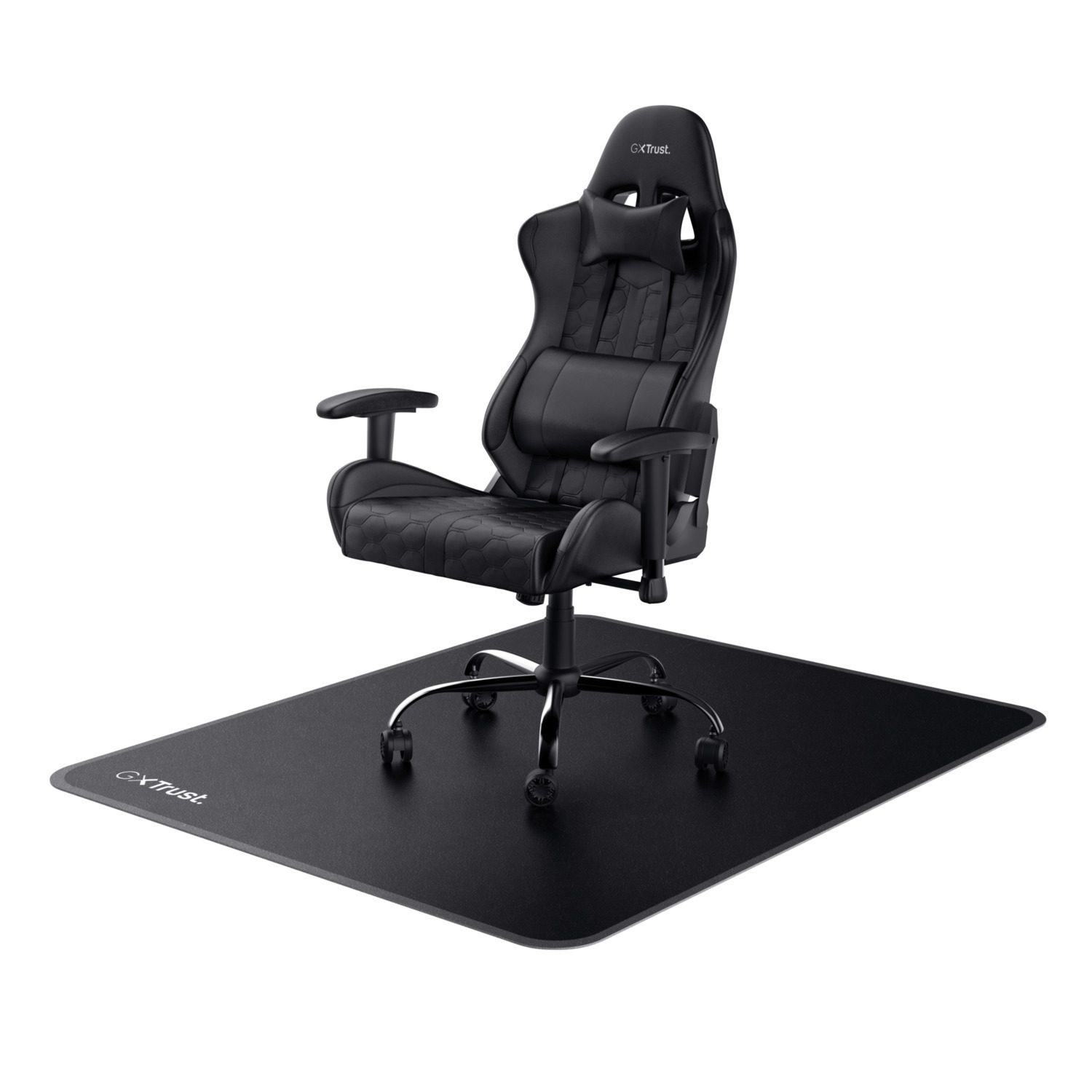 Black gaming chair on black mat, white background. GXTrust logo on both items.