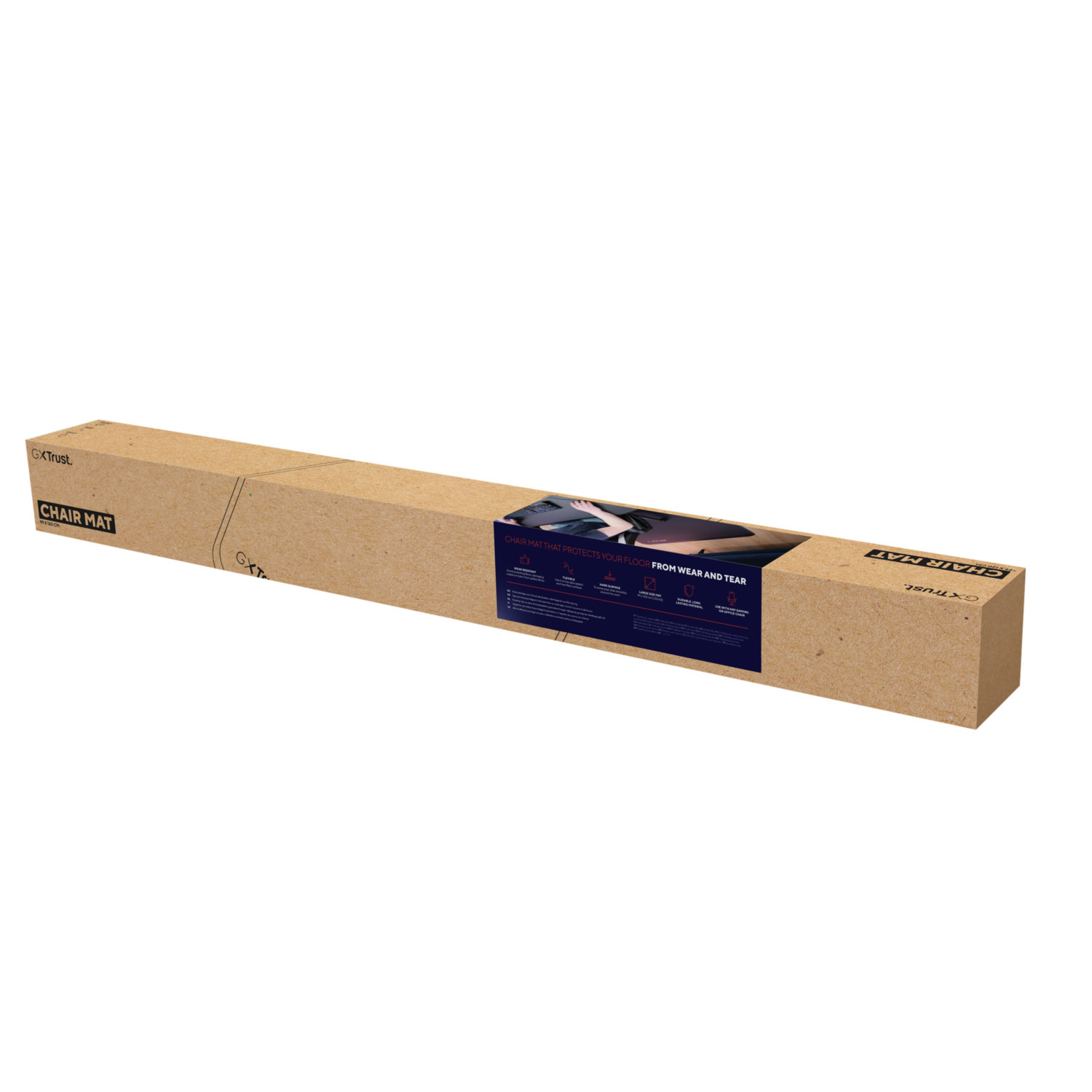 Long box with text and illustrations describing a chair mat. Brown and white colors.