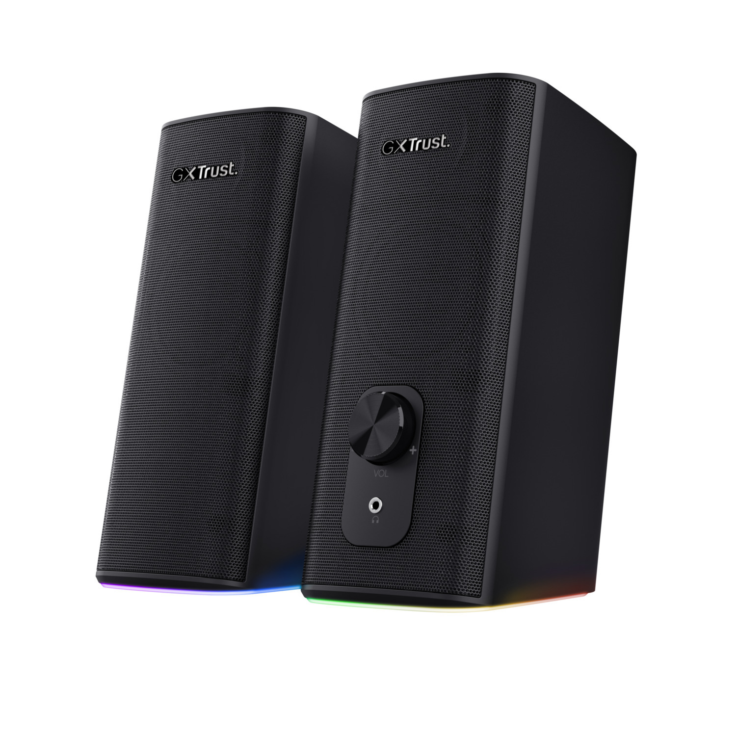 Pair of black speakers with volume control. RGB lighting on the bottom.