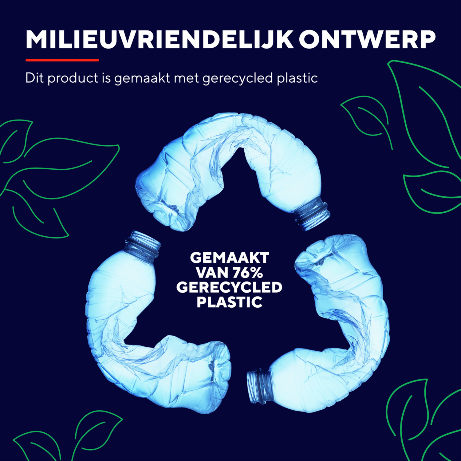 Recycled plastic bottles in a recycle symbol on a blue background with leaves.