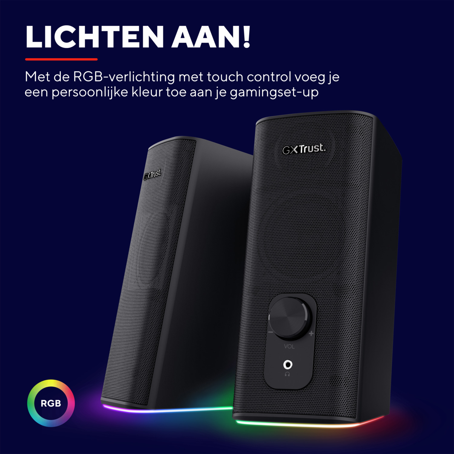 Pair of black speakers. Features volume control and RGB lighting. Text and logo are visible.