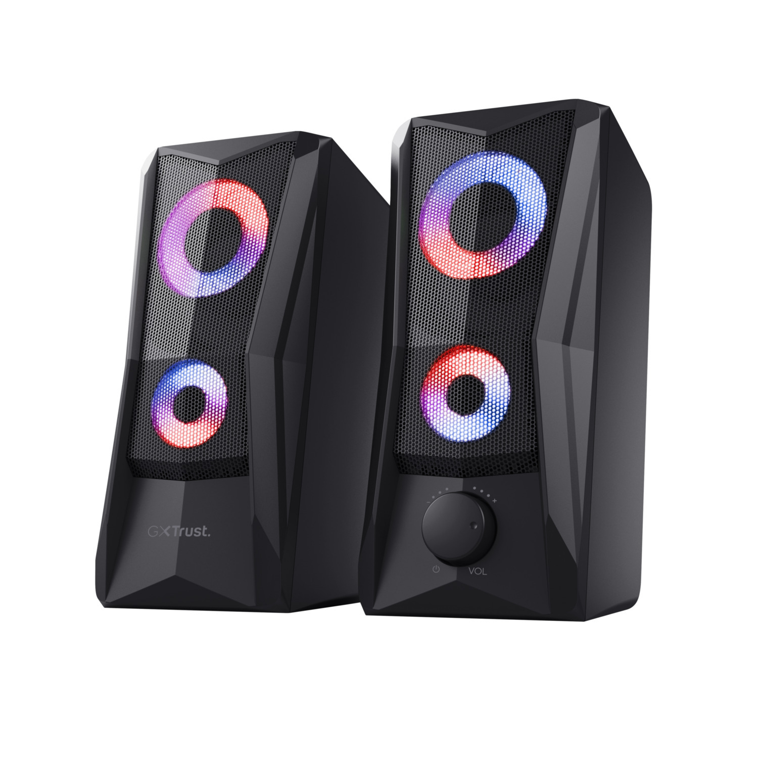 Two black speakers with glowing red/blue rings, a volume knob, and mesh grills.