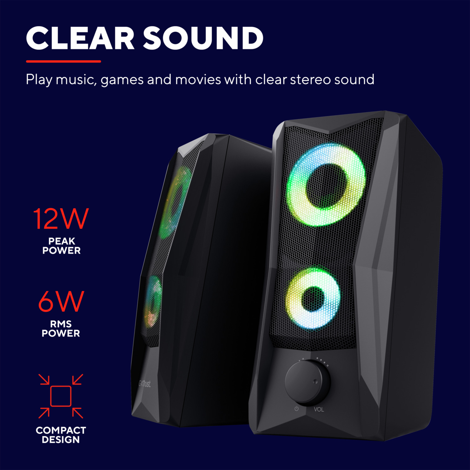 Two black speakers with colorful lighting and a volume knob on a dark blue background.