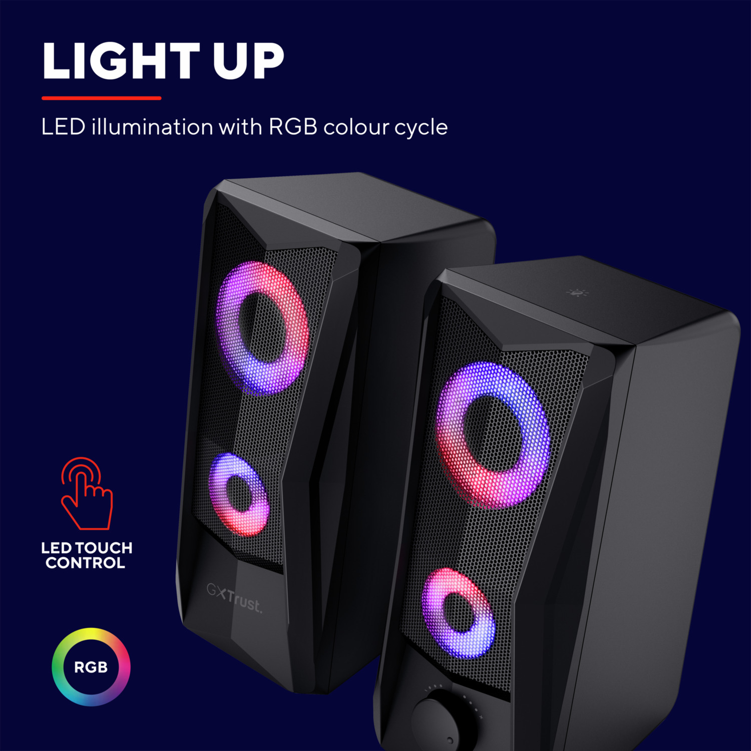 Two black speakers with RGB LED illumination. Text: 'Light Up'. The speakers have a control button.