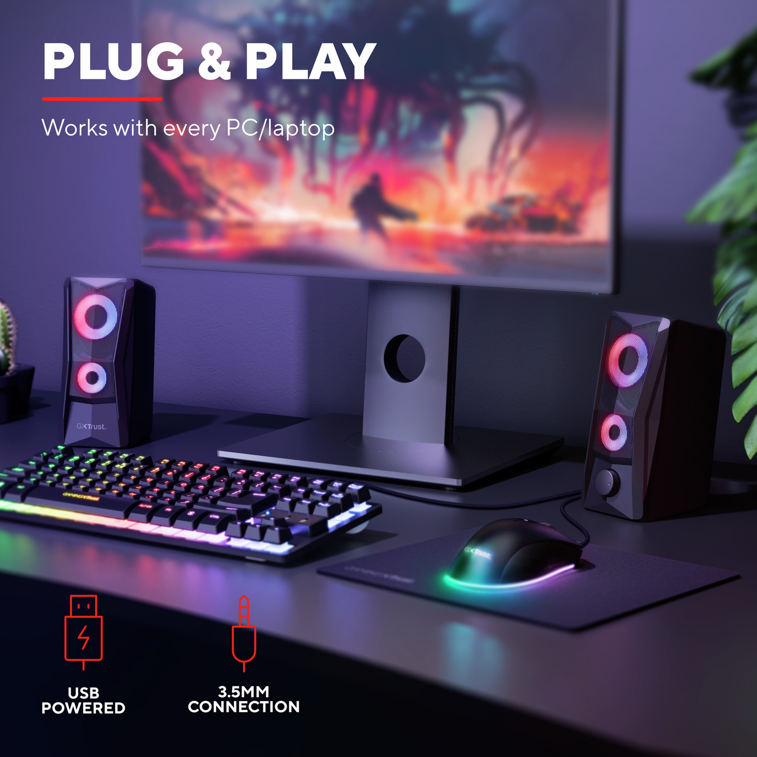 Keyboard, mouse, and speakers setup with a monitor. USB and 3.5mm connections.