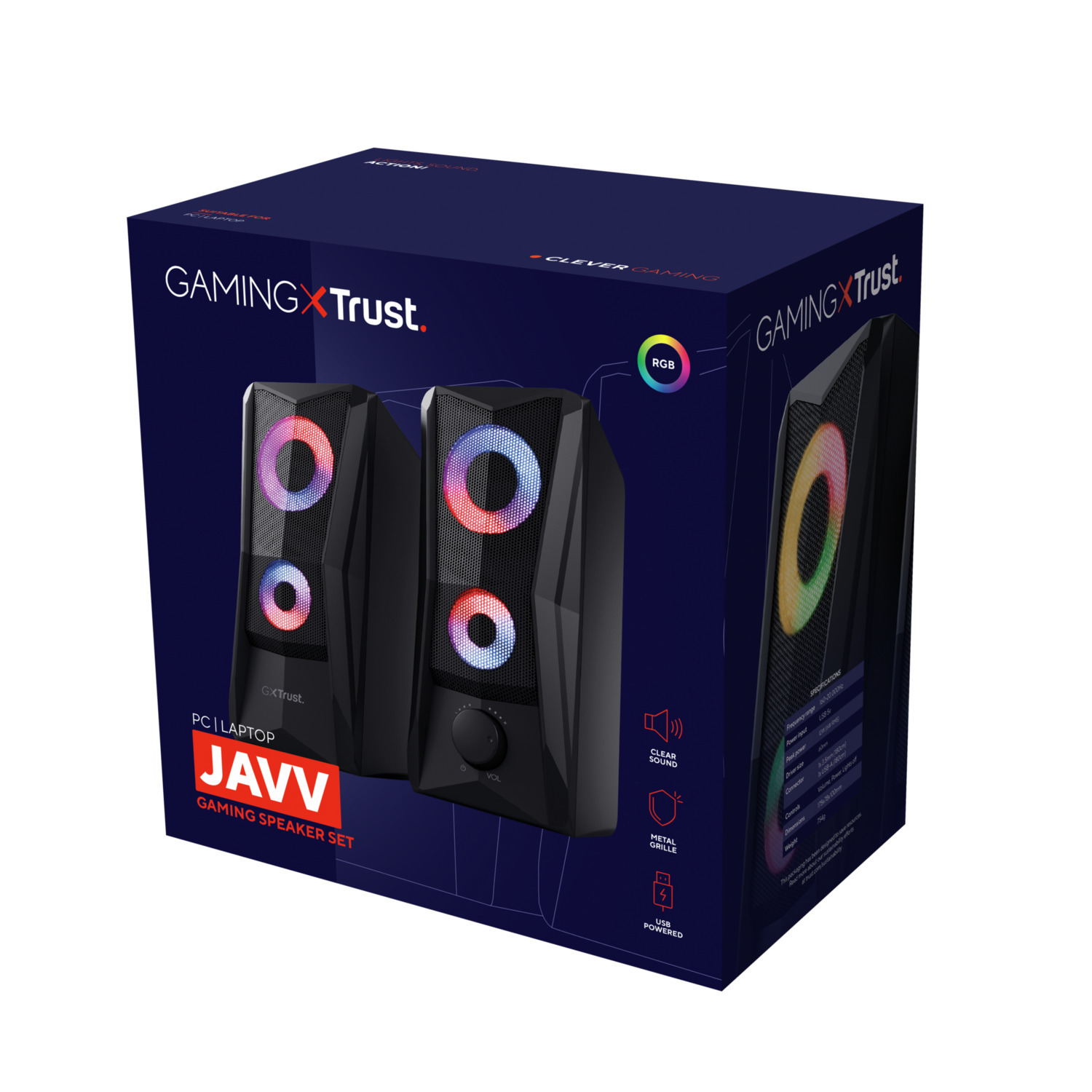 Gaming speaker set box, black speakers with RGB lights, and a logo. Text on the box includes 'Gaming Trust'.