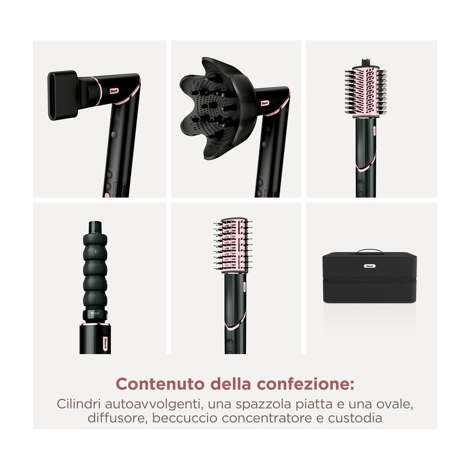 Dispositivo per lo styling dei capelli e accessori: Include dispositivo, diffusore, spazzole e custodia.