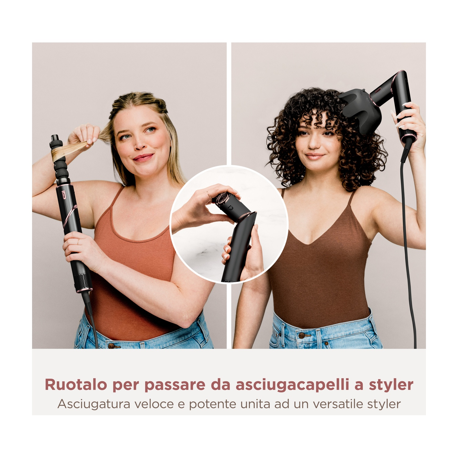 Due donne con lo strumento per lo styling dei capelli, una lo usa e l'altra mostra le parti.