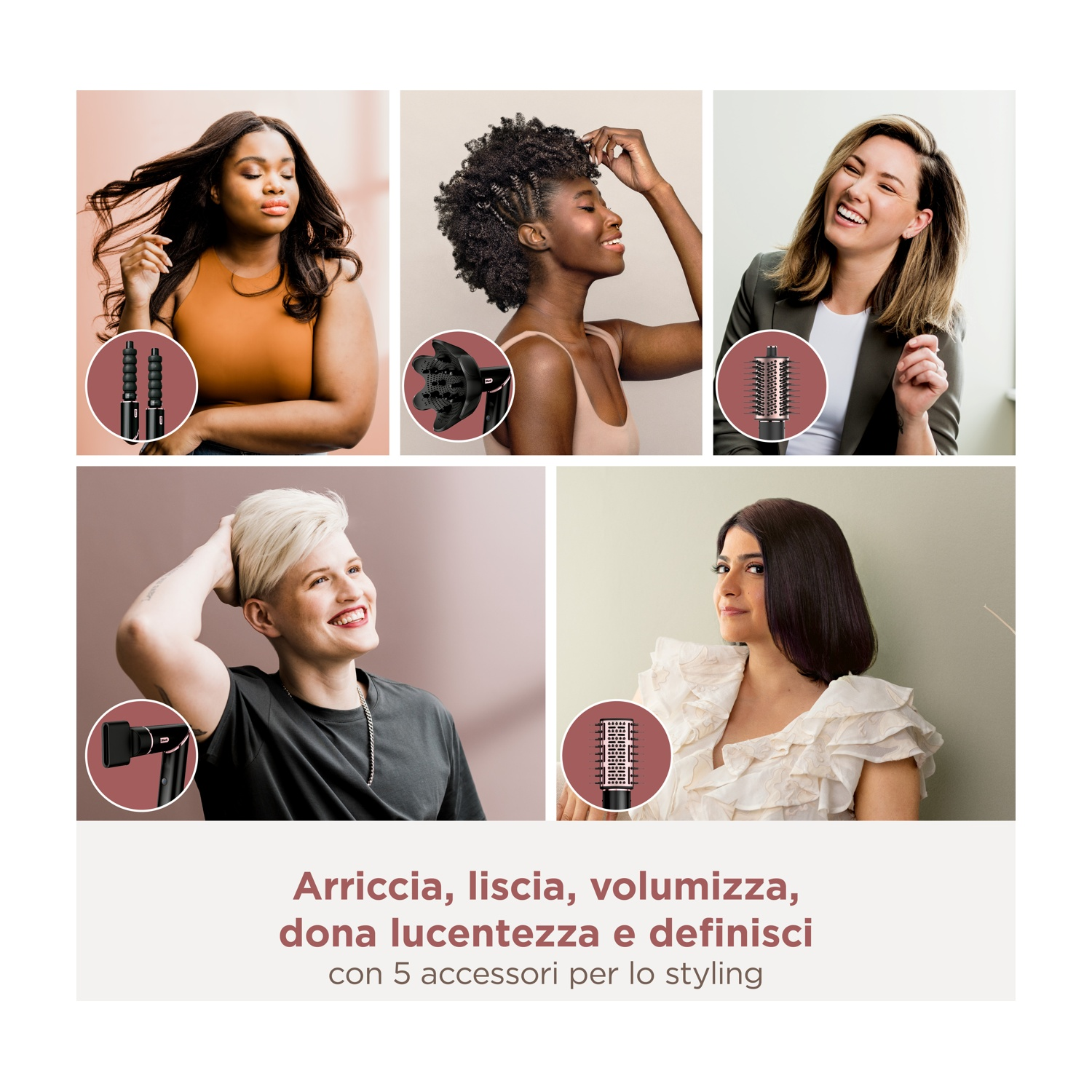 Cinque donne con diversi tipi di capelli, accessori e strumenti per capelli.