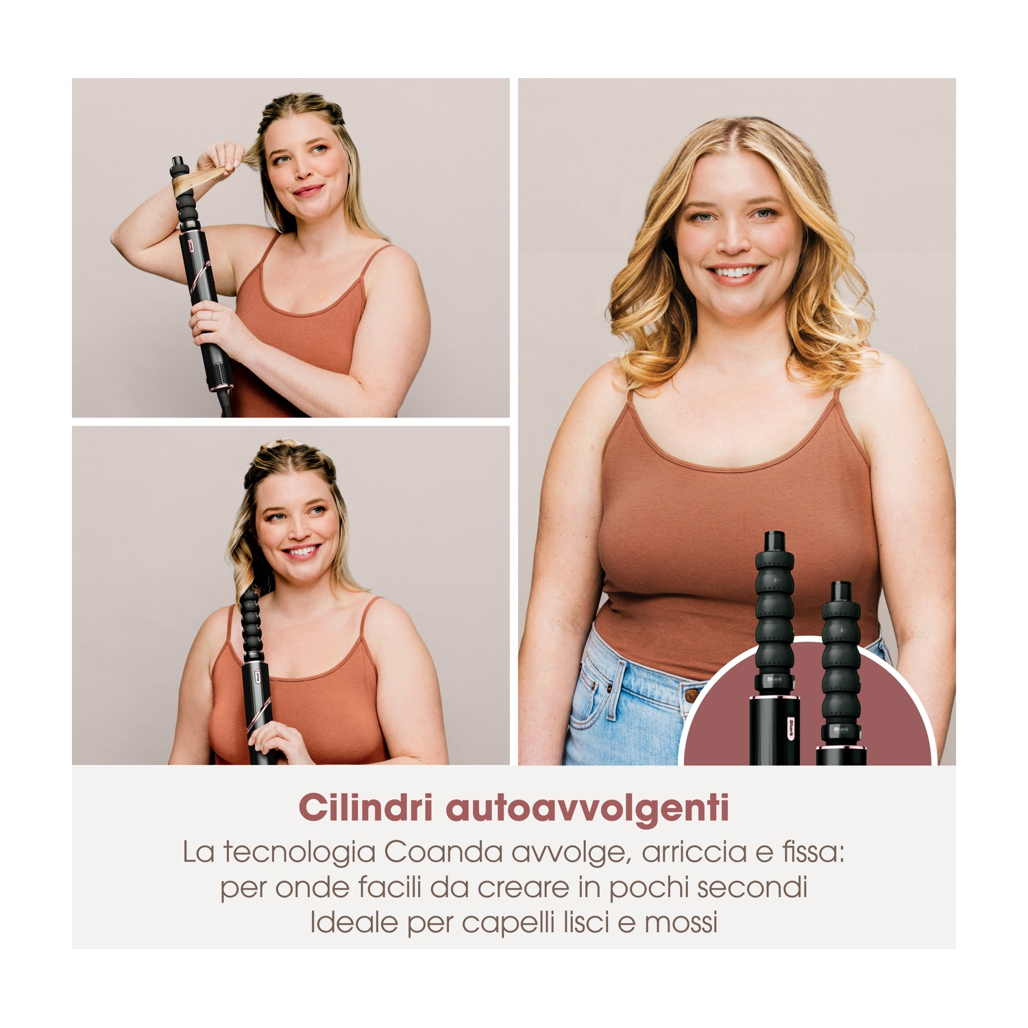 Una donna che usa uno strumento per lo styling dei capelli, con un primo piano e del testo.
