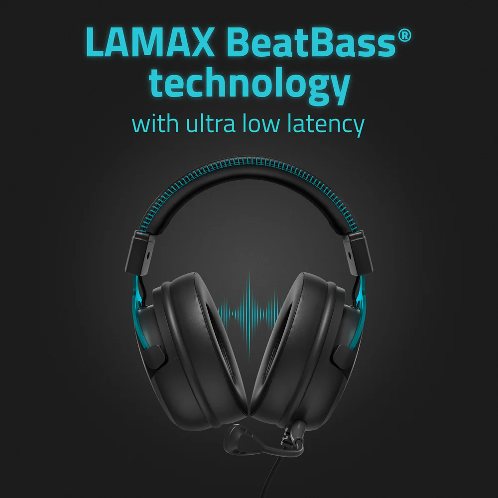 Fekete fejhallgató kék díszítéssel, LAMAX BeatBass technológiával, alacsony késleltetéssel.
