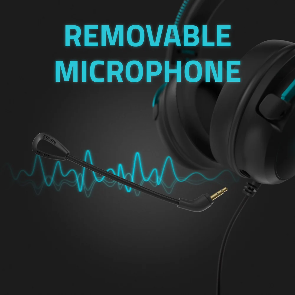Játék headset levehető mikrofonnal. Szöveg: LEVEHETŐ MIKROFON. Kék hanghullám grafika.