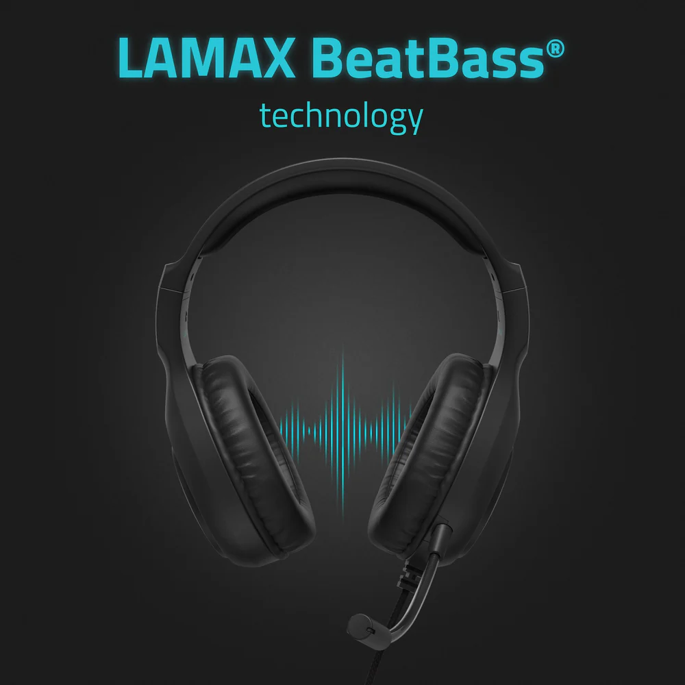 Gamer headset a következő szöveggel: LAMAX BeatBass technológia. A hanghullám vizualizálva.