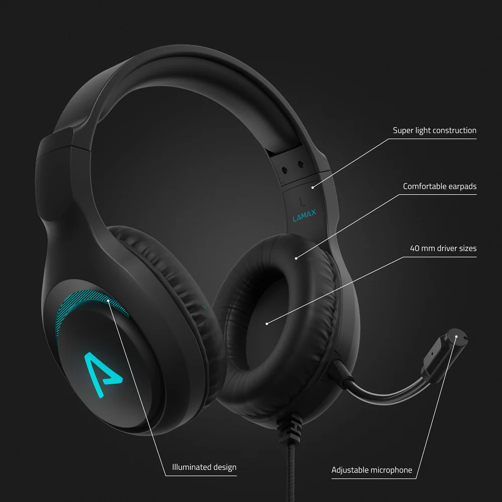 Fekete gamer headset türkiz díszítéssel, állítható mikrofonnal és feliratozott jellemzőkkel.