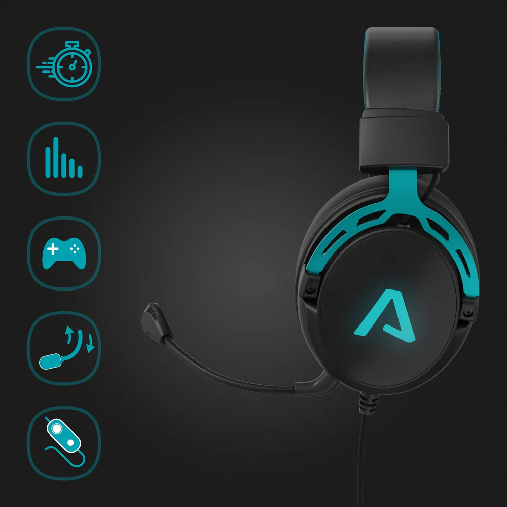 Gaming headset kék díszítéssel és ikonokkal. Jellemzők: időzítő, hang és játékvezérlő szimbólum.