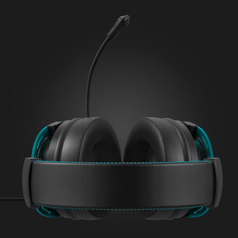 Fekete gamer headset türkiz díszítéssel és mikrofonnal, felülről nézve.