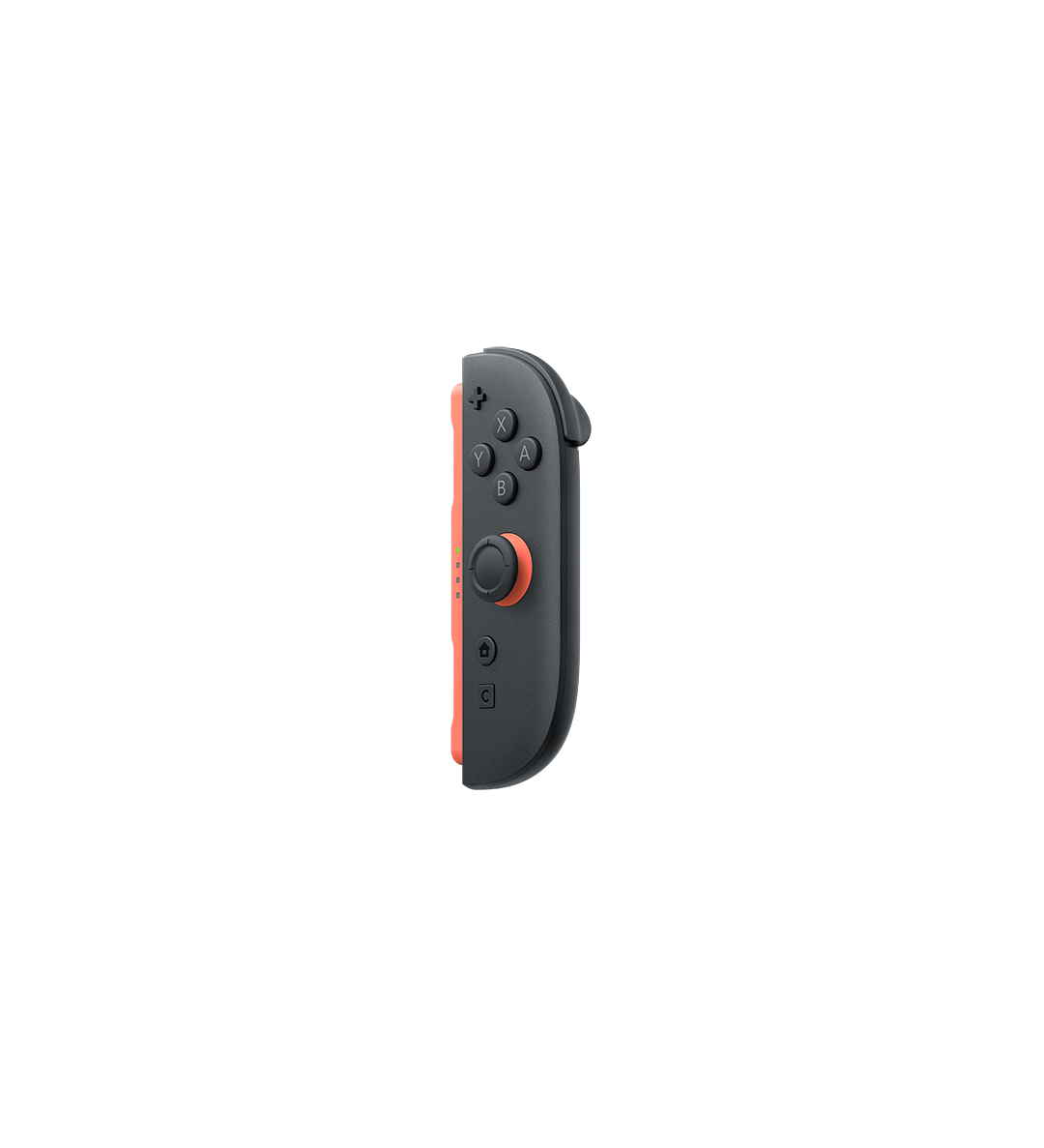 Turuncu düğmeli siyah gövdeli tek bir Nintendo Switch kontrolcüsü. Kontrolcü siyah bir arka plan üzerinde.